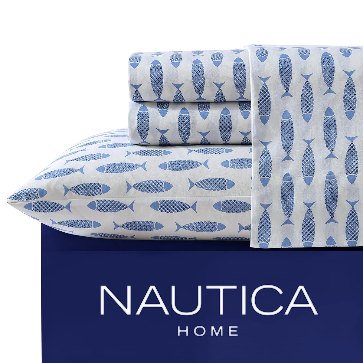 Nautica - Twin XL Sheet Set, cotton Percale Bedding Set, crisp  cool, Lightweight  Breathable (Woodblock Fish Blue, Twin XL)