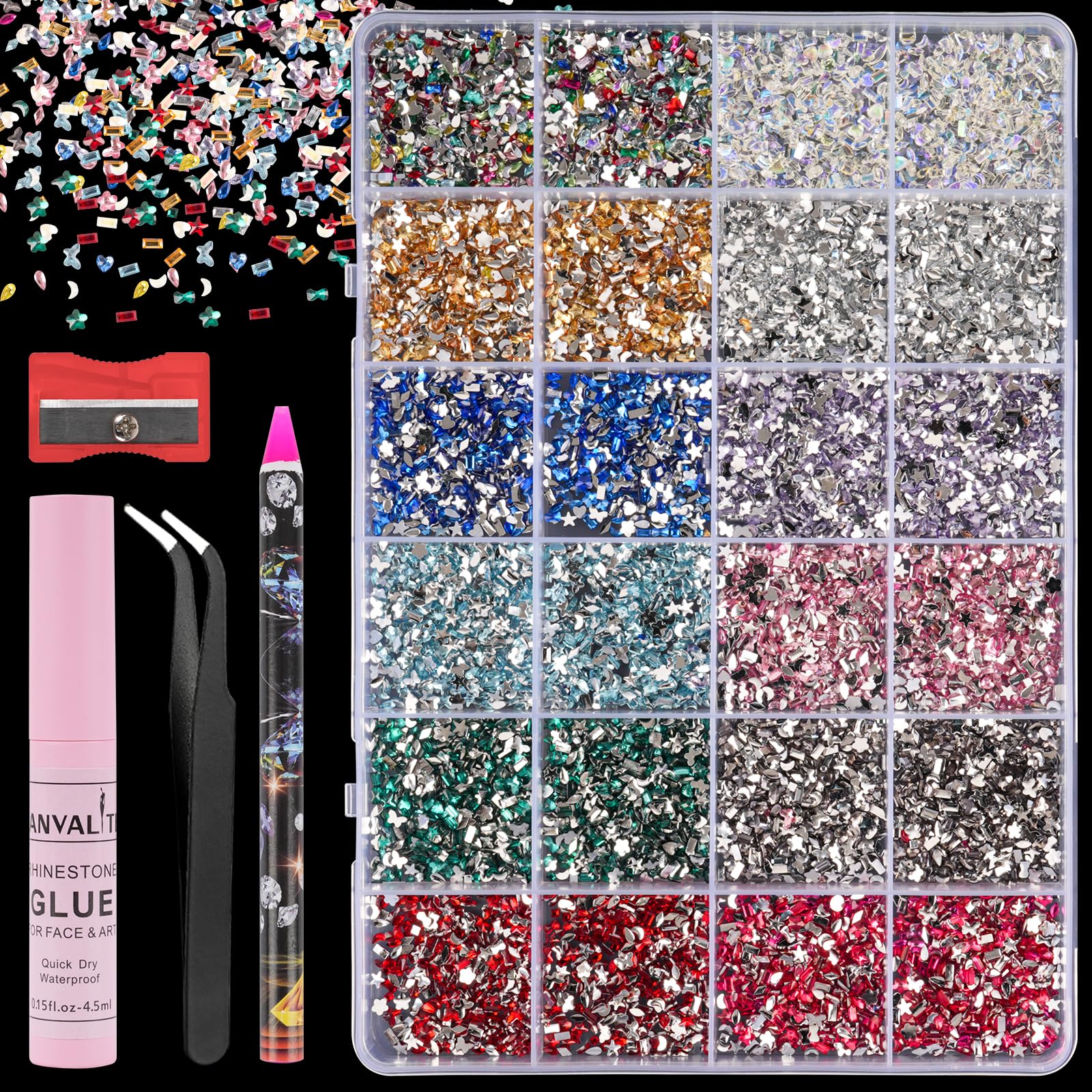 Canvalite 10000 Pcs Mini Rhinestones for Face Colorful Face Gems, Multi-Shape Small Nail Gemswith Quick Dry Makeup Glue, 1 Rhine