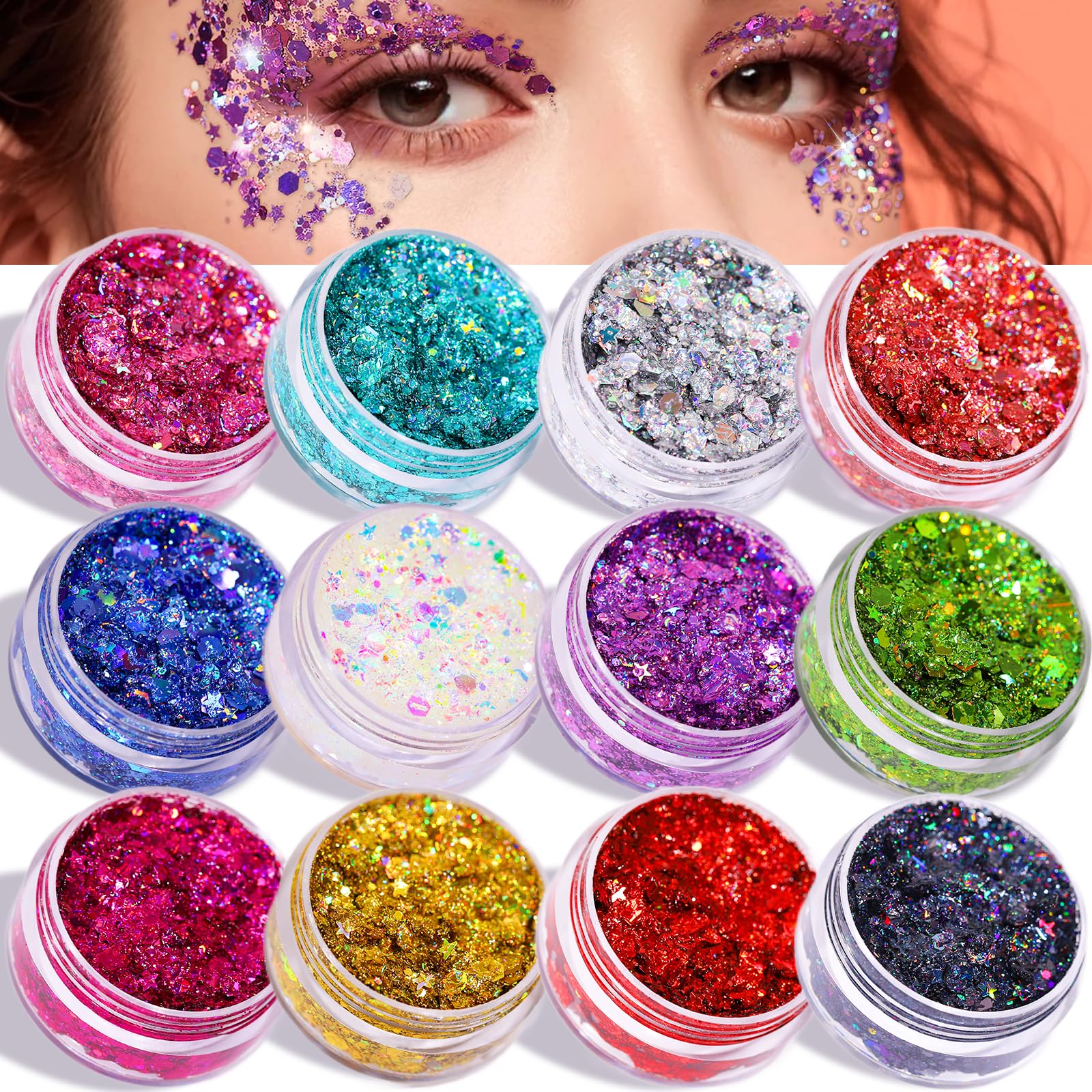 Teenitor Face Glitter Body Glitter Makeup Glitter Gel Hair Glitter, 12 Colors Body and Face Glitter Gel for Halloween Makeup, St