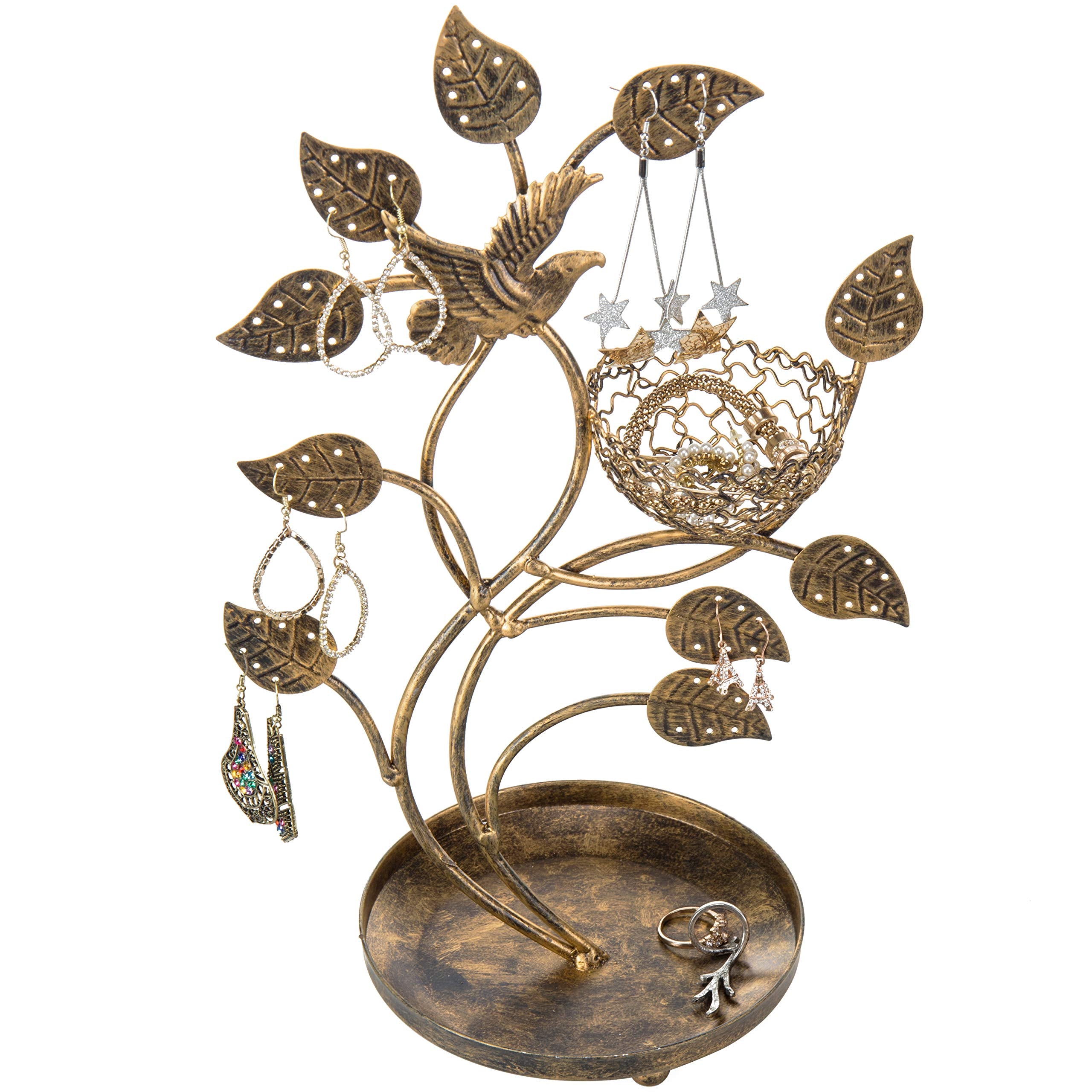 MyGift 14-Inch Bronze-Tone Tree & Bird Nest Earring Stand Jewelry Tower with Ring Trinket Organizing Tray