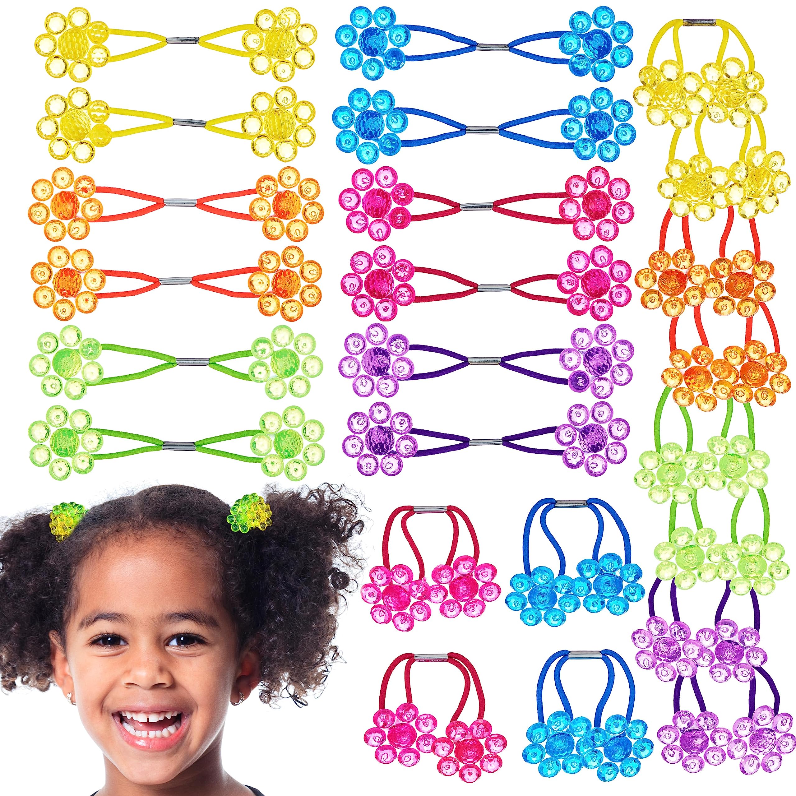 Expressions 24pc Ponytailers Flower Twin Bead Ponytail Hair Elastics Collection - Flower-Shaped Bright Multicolored Twin Hair Be