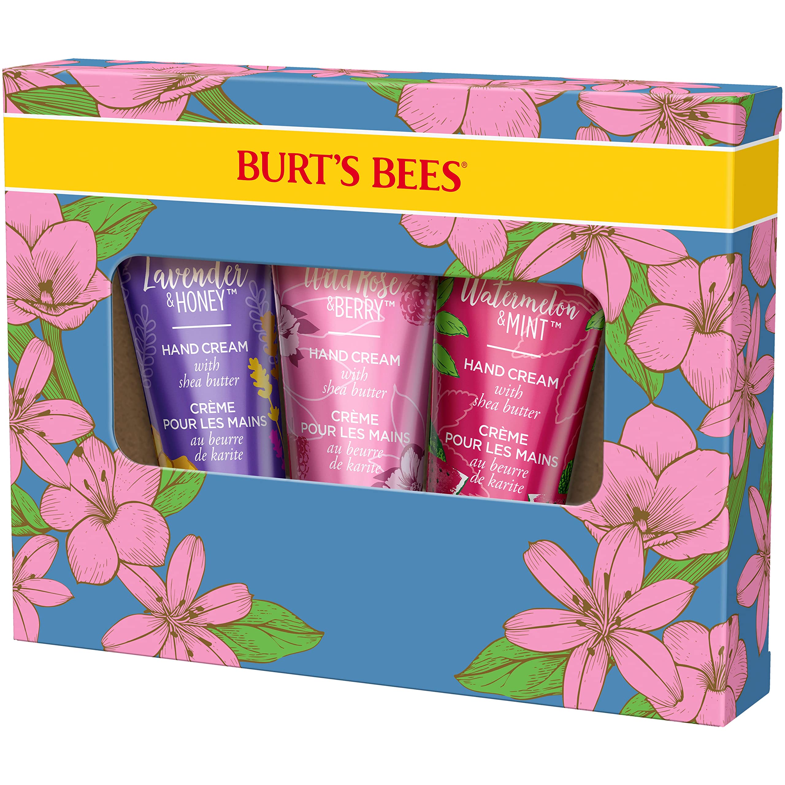 Burts Bees Spring Gift, 3 Moisturizing Self Care Gifts, Shea Butter Hand Cream Trio Spring Set - Lavender & Honey, Wild Rose & B
