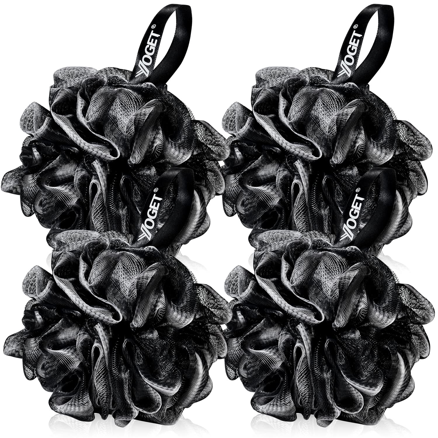 Yoget Charcoal Bath Loofah Sponge, 4 Pack Black 60G Large Shower Mesh Ball Soft Pouf Body Scrubber, Exfoliate, Cleanse, Soothe S