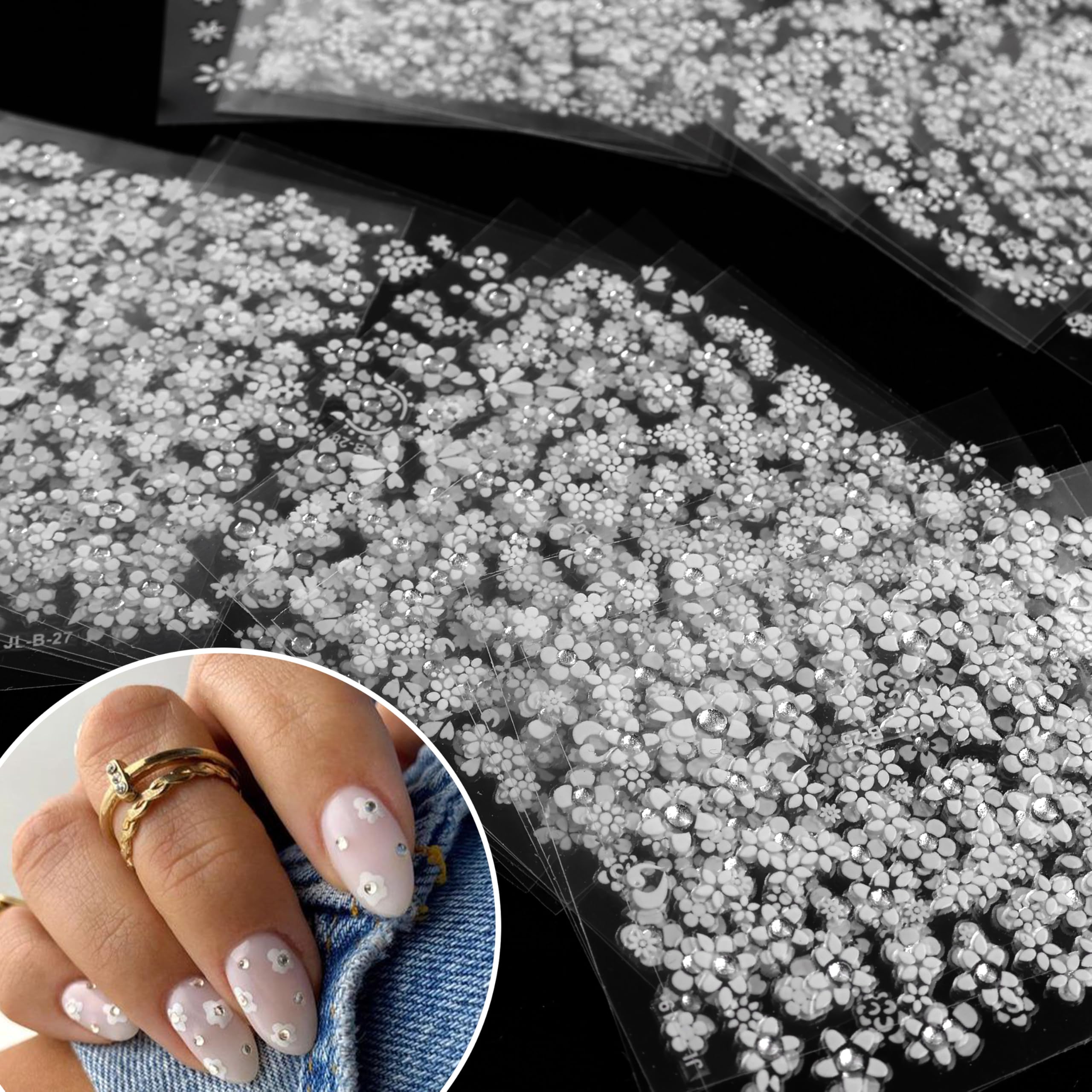 60 Sheets White Flower Nail Stickers For Nail Art Spring Nail Decals 3D Self-Adhesive Nail Supplies Charms With Nail Tweezer Sum