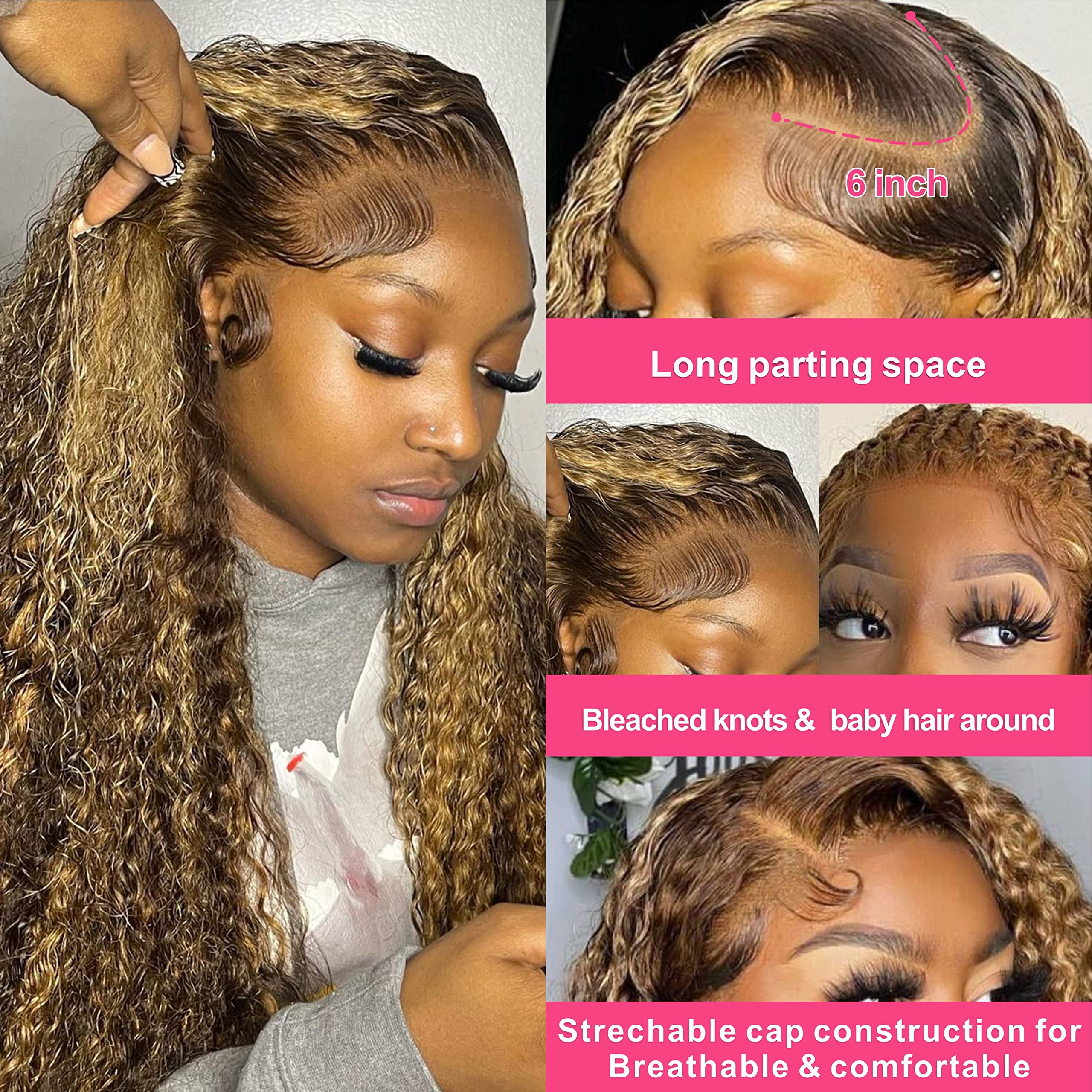 Juvid Highlight Ombre 13X6 Lace Front Wigs Human Hair 180 Density Curly Honey Blonde 4/27 Hd Transparent Frontal Wig For Women D