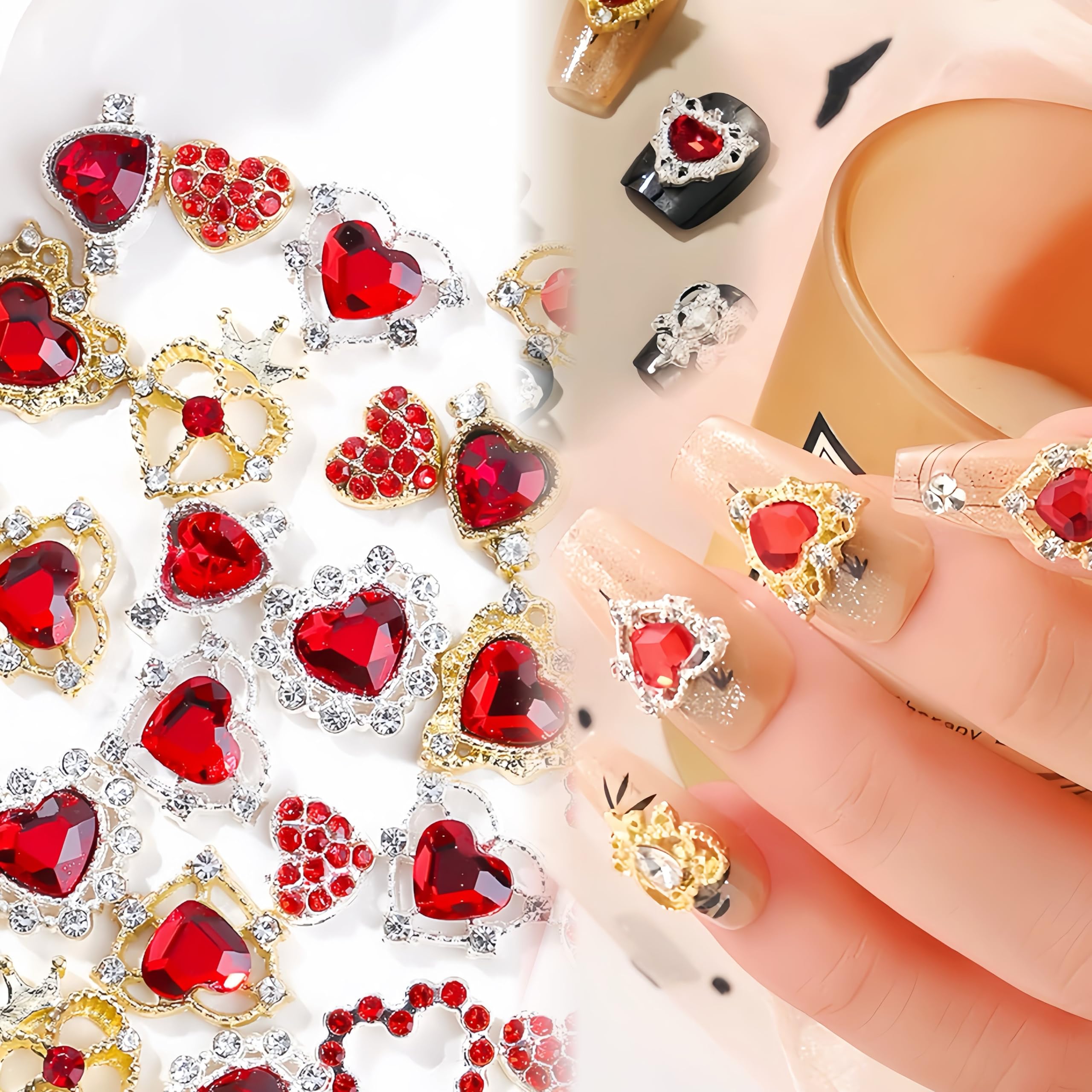 10Pcs Heart Nail Charms Red Heart Nail Rhinestones Valentine's Day Nail Charms for Nail Art, 3D Crystal Alloy Gold Silver Heart 