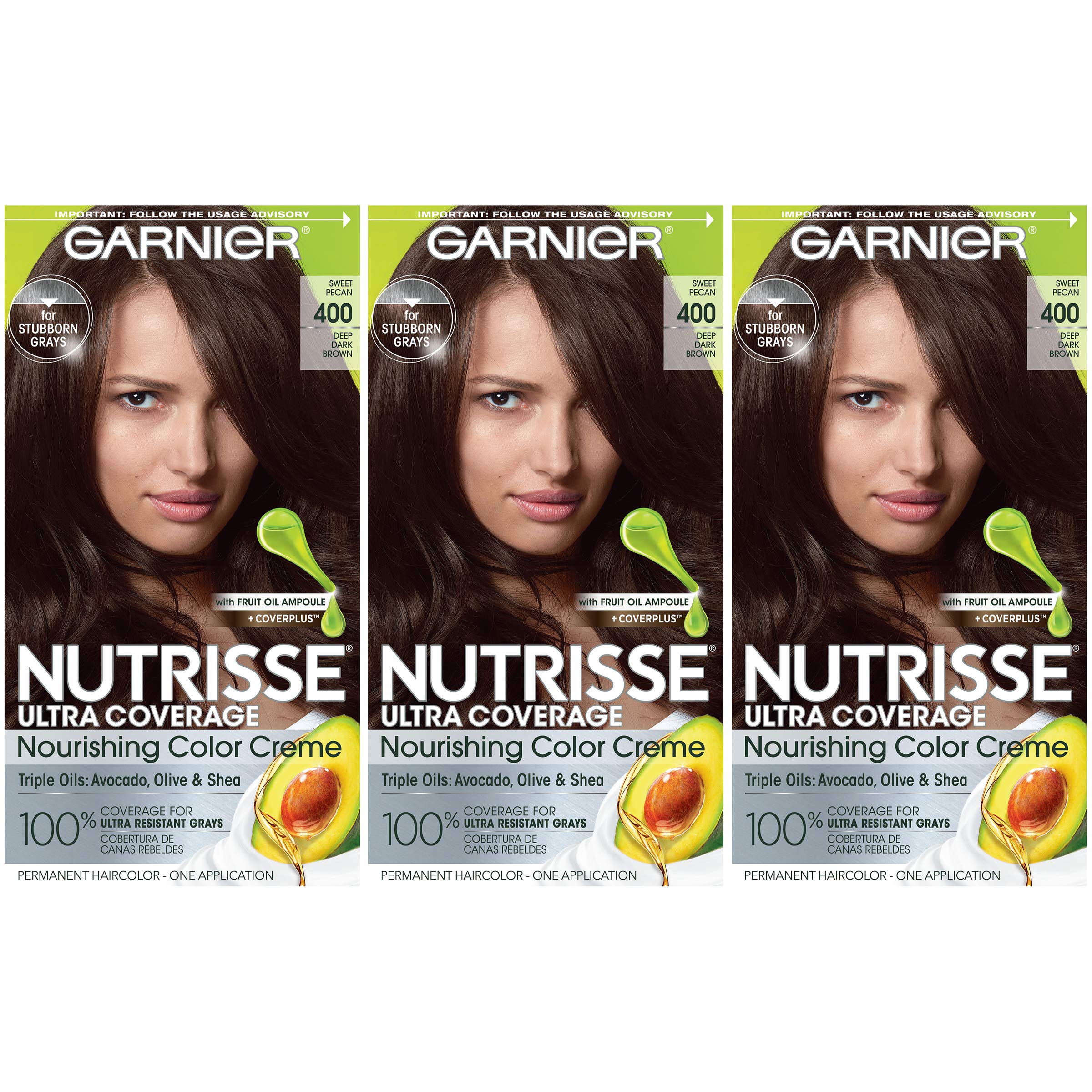 Garnier Hair Color Nutrisse Ultra Coverage Nourishing Creme, 400 Deep Dark Brown (Sweet Pecan) Permanent Hair Dye, 3 Count (Pack