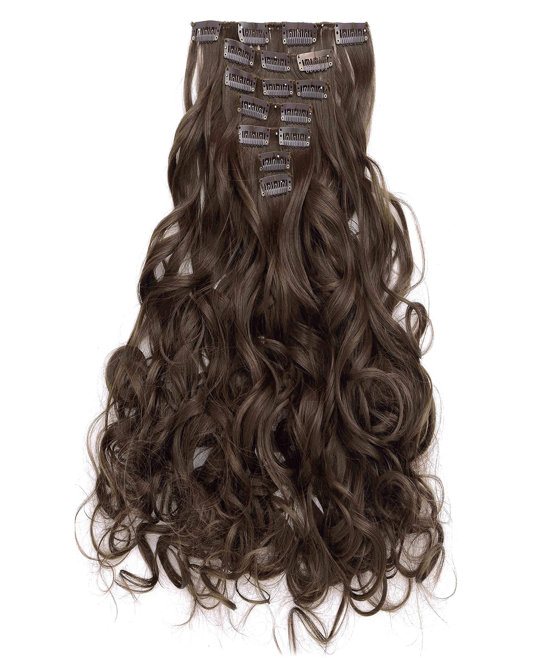 OneDor 20'' Curly Full Head Clip in Synthetic Hair Extensions 7pcs 140g (8#-Medium Ash Brown)