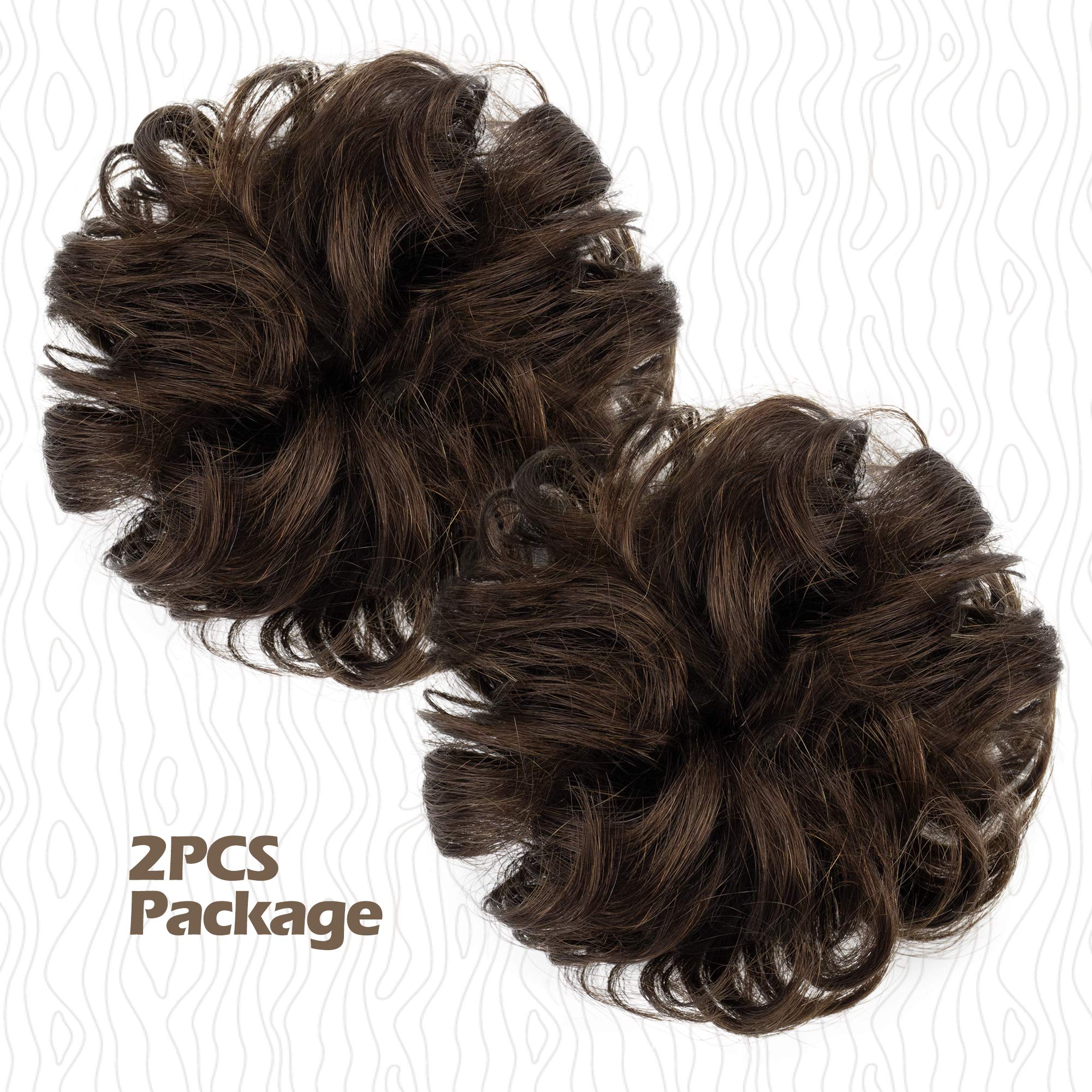 BARSDAR 100% Human Hair Bun Extension - 2 PCs Real Human Hair Messy Bun Hair Pieces Brown Hair Bun Extensions for Women - Real H