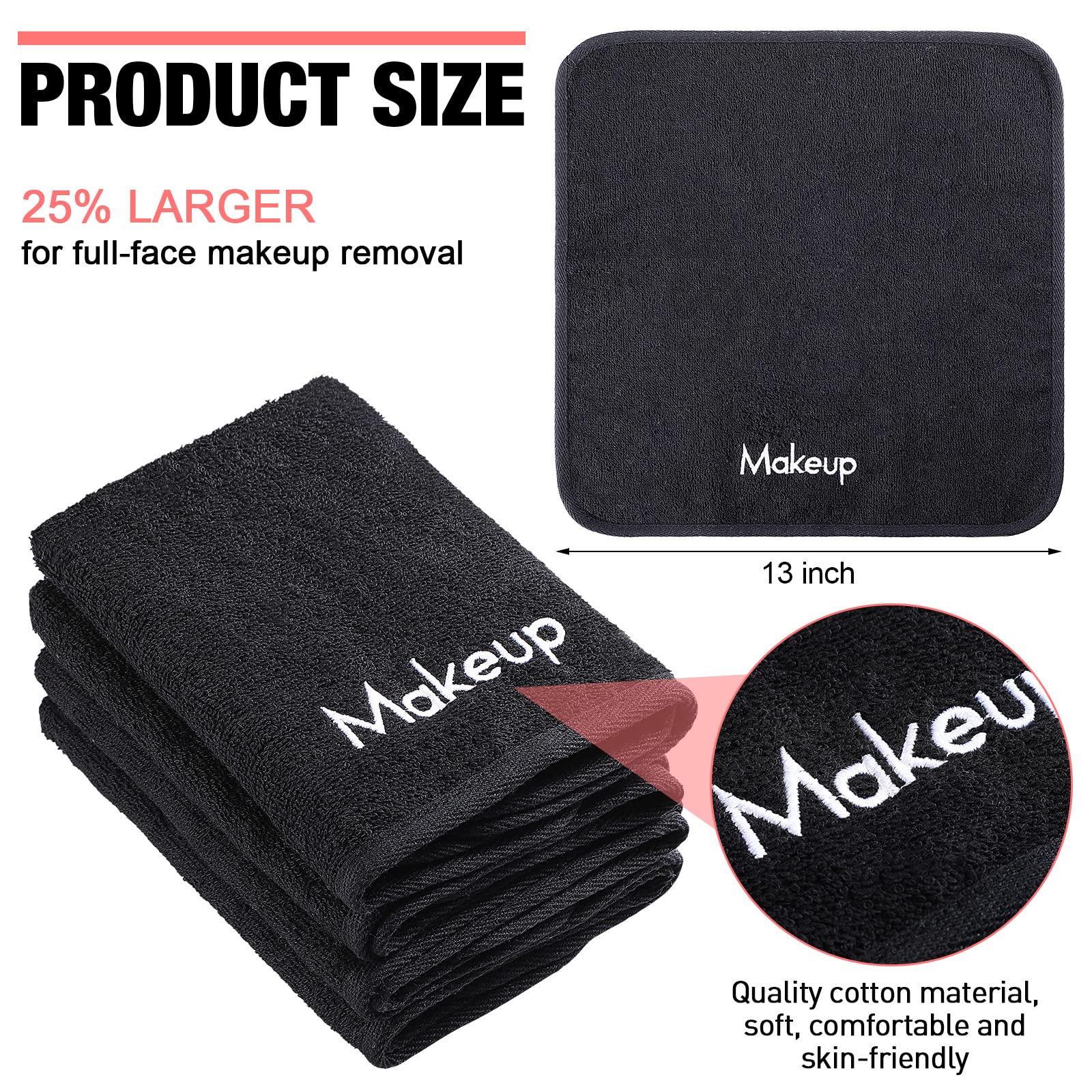 Chumia 18 Pcs 72 Pcs Makeup Remover Cloths 13 x 13 Inch Makeup Towel Face Washcloths with Embroidery Black Reusable Washcloths S