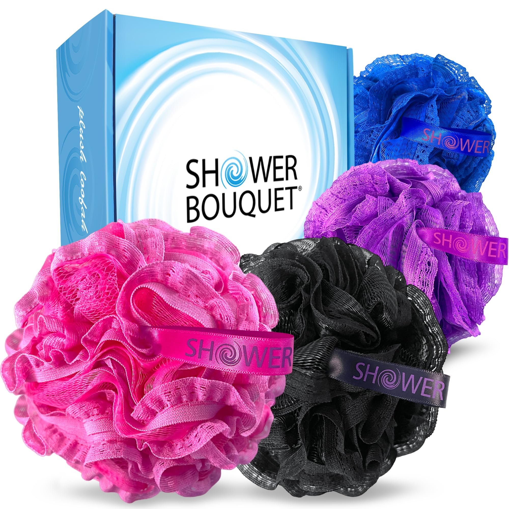 Loofah-Bath-Sponge Hot-Lacey-Mesh >> 4-Sexy-Lace-Colors By Shower Bouquet: 2-Scrubs-In-1 Large Full 60G Pouf Body Luffa Loofa Lo
