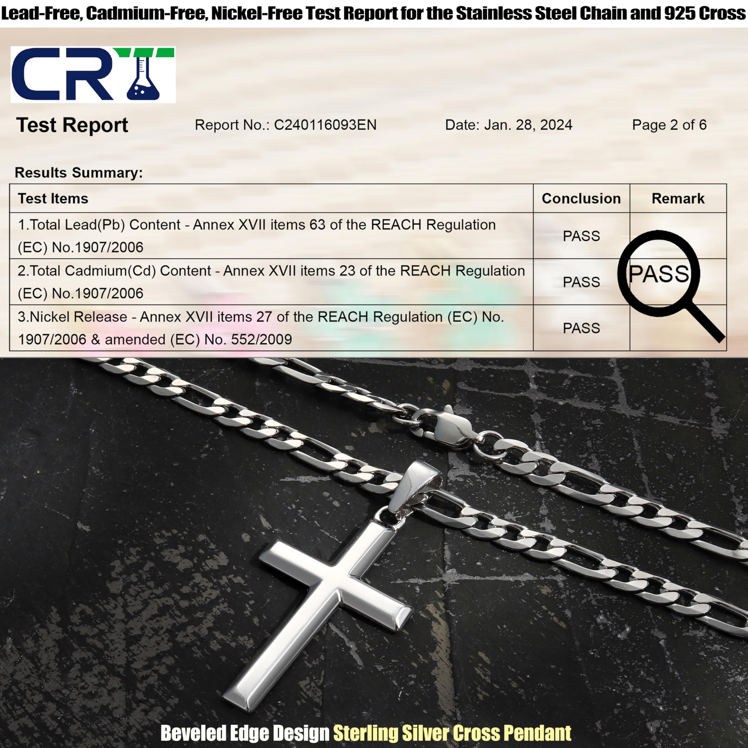 MILACOLATO 925 Sterling Silver Cross Necklace for Men & Women, 18K White Gold Plated, 18" Figaro Chain, Blue Jewelry Gift Box