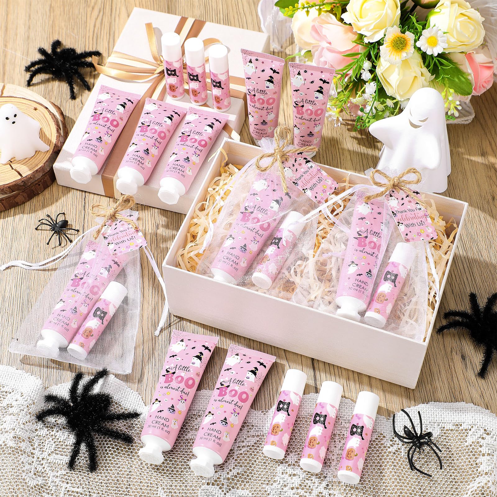 Dansib 24 Sets Halloween a Little Boo Is Almost Due Baby Shower Hand Cream and Lip Balm Gift Travel Size Hand Lotion and Lip Bal