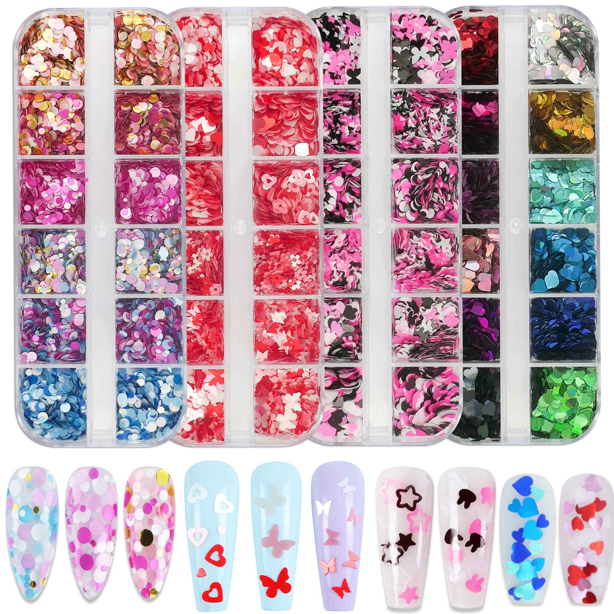 AddFavor 4 Boxes Valentine Nail Glitter Mixed Shaped Pink Purple White Heart Flower Colorful Round Nail Sequins Lash Decals for 
