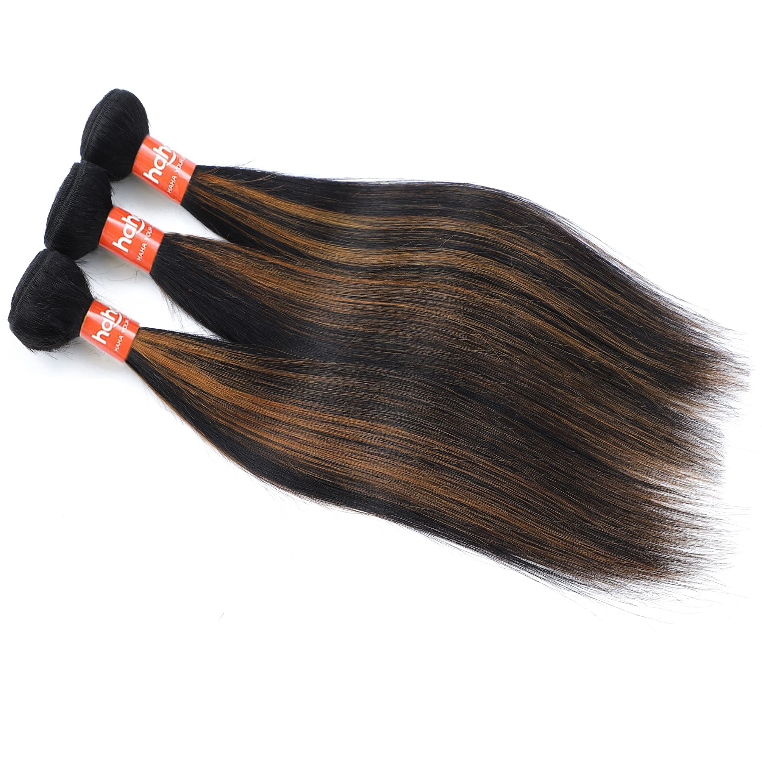 Haha Brown Highlight Ombre Human Hair Bundles Brazilan Straight 3 Bundles Human Hair(18 20 22 Inch) 12A Unprocessed Remy Virgin