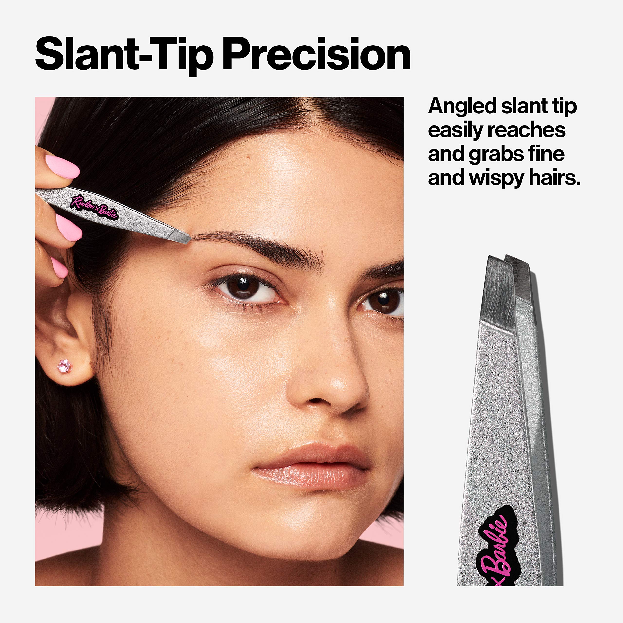 Revlon X Barbie Slant Tip Tweezer, Stainless Steel Hair Removal Makeup Tool (Packaging May Vary)