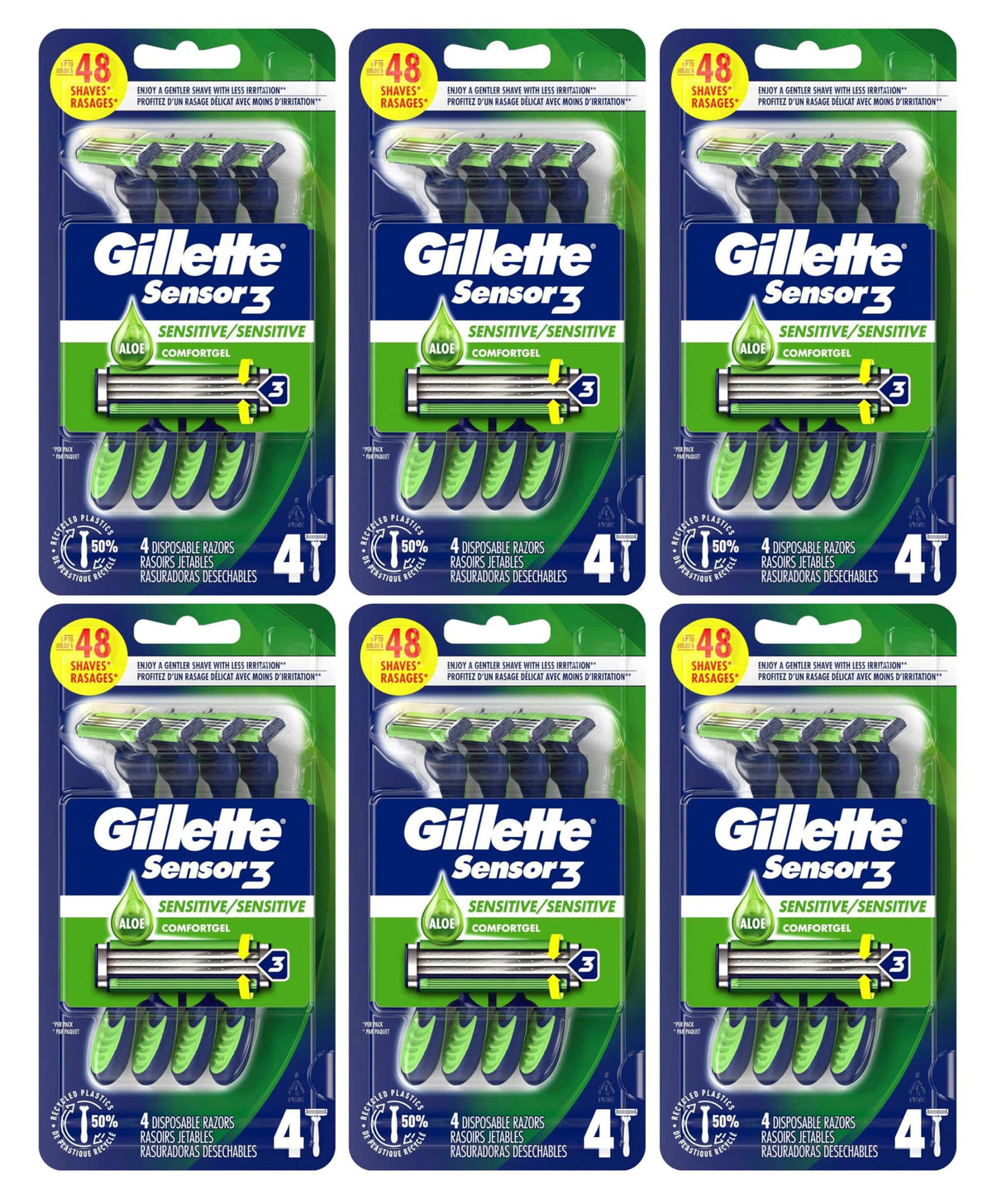Gillette Mens Sensor 3 Sensitive Disposable 4 Count (6 Pack ...