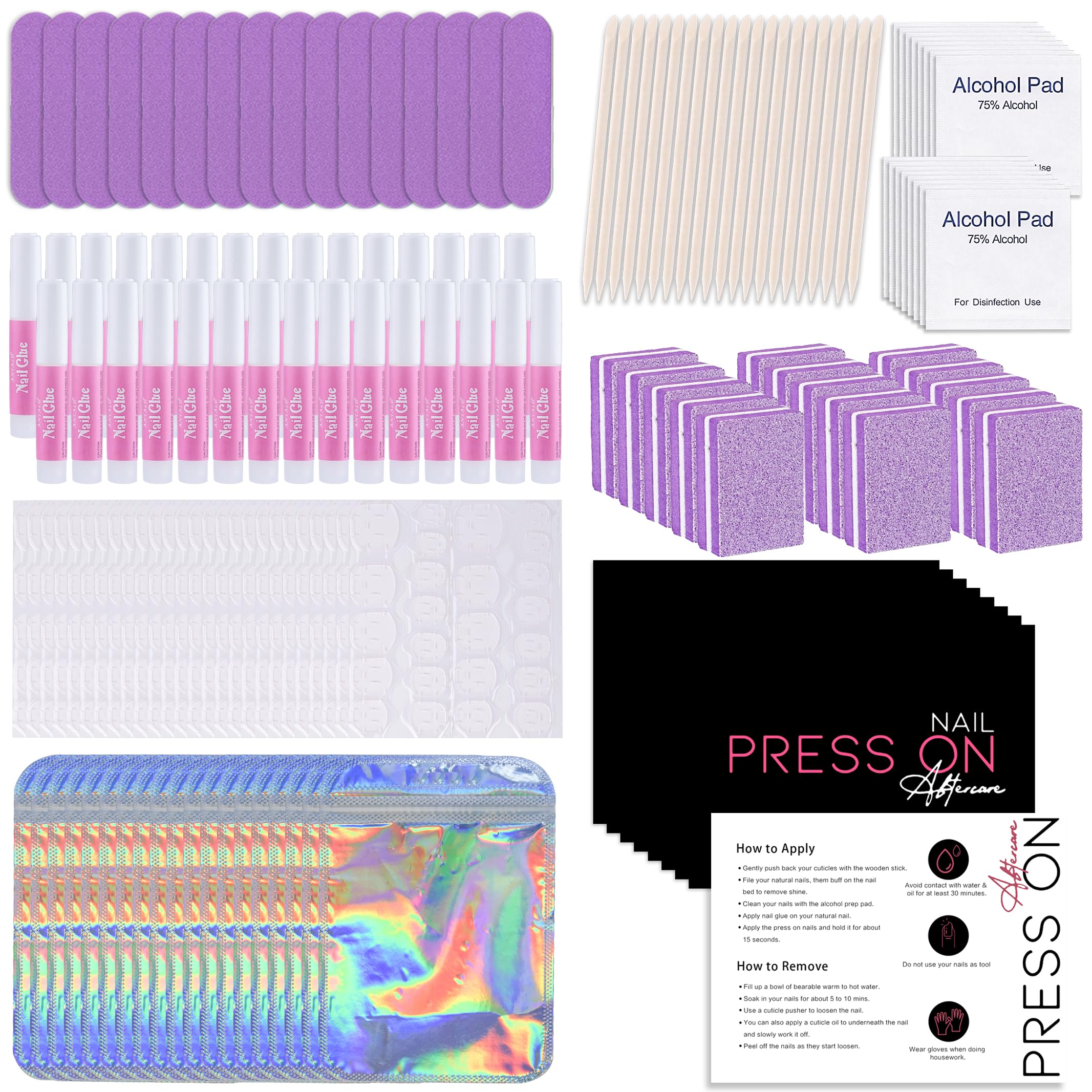 50 Set Press On Nail Tool Prep Kit for Nail Salon Business, Disposable Manicure Kit, Nail File, Buffer, Nail Glue, Prep Pad, Ins