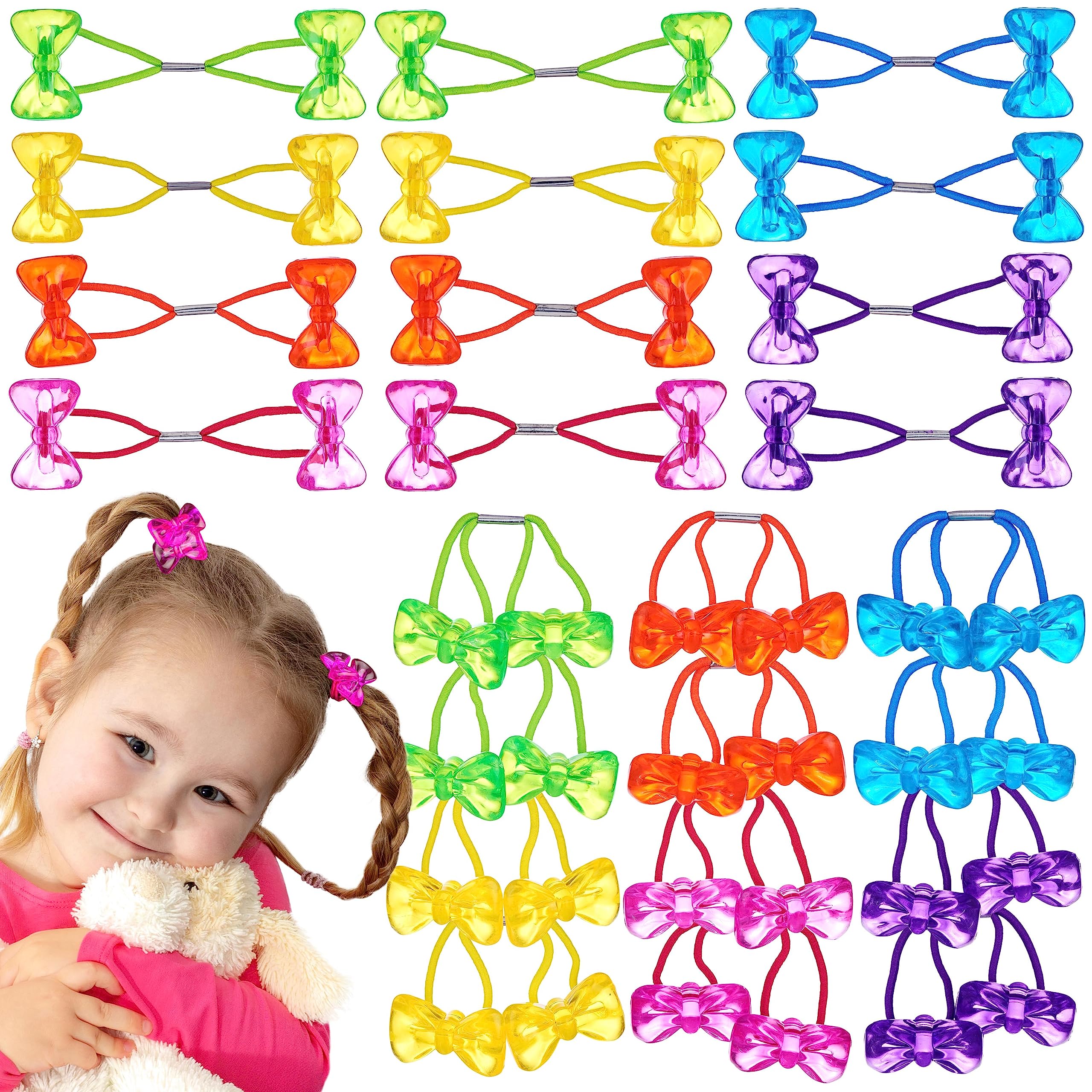 Expressions 24pc Ponytailers Hair Elastics, Mini Bow-Shaped Multicolored Twin Beads Bauble Ponytail Holders, Toddler Hair Access