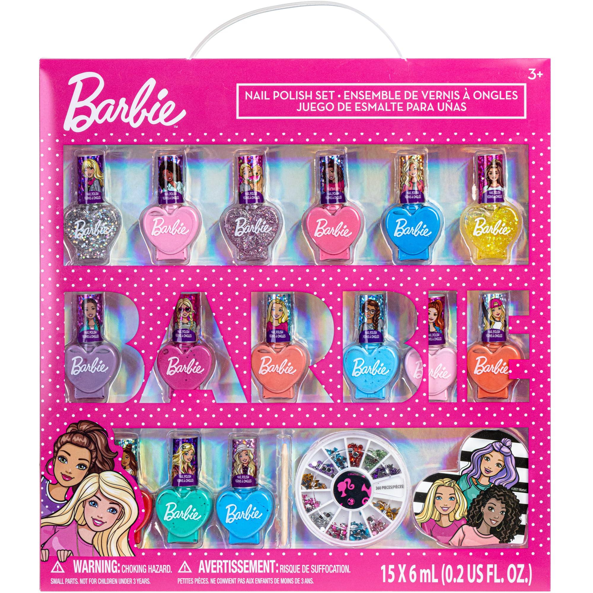 Barbie Movie 18 Piece Set Kids Water-Based Nail Polish Activity Makeup Set, Includes Nail Polish With Nail Gems Wheel And Nail F