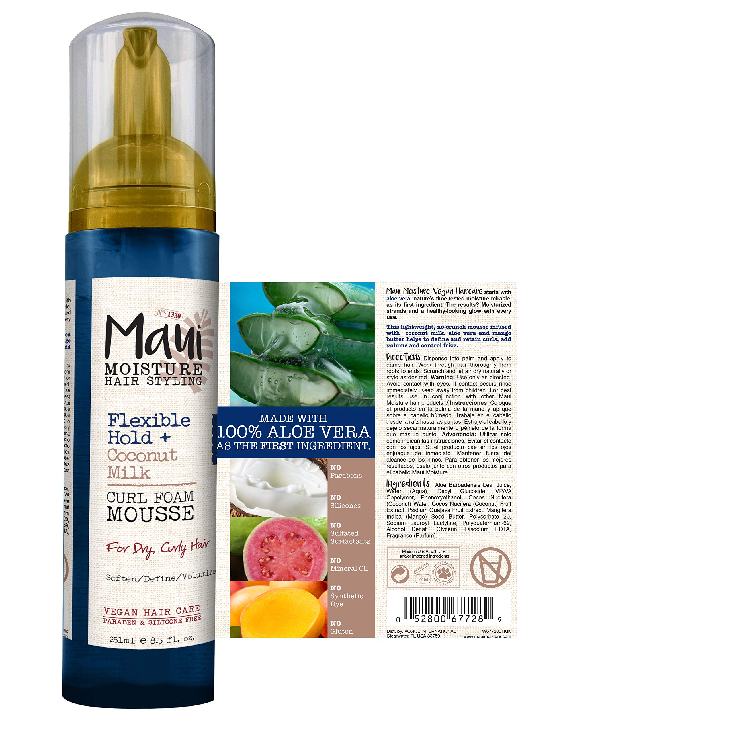 Maui Moisture Flexible Hold + Coconut Milk Curl Foam Mousse, for Curly Hair Styling, No Drying Alcohols, Parabens or Silicone, 8
