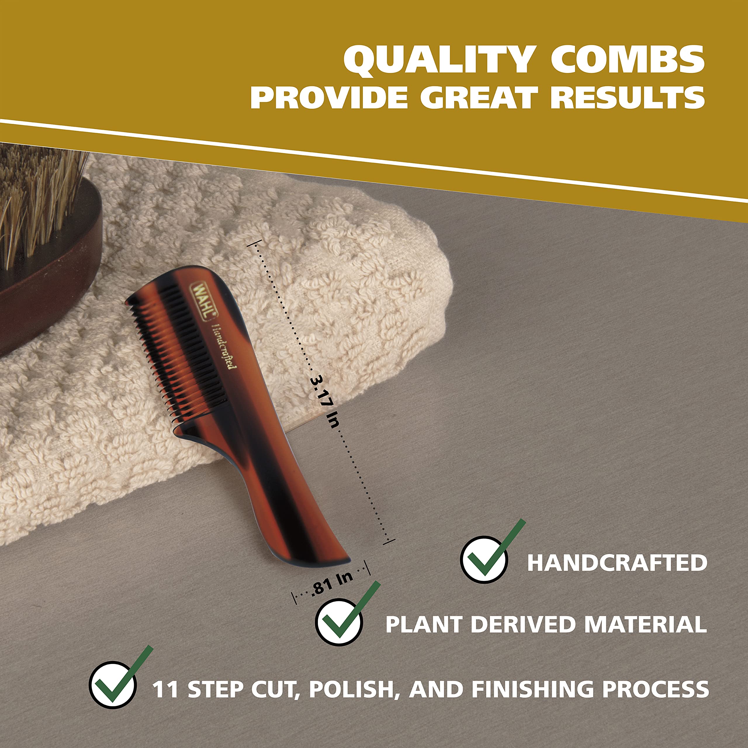 Wahl Small Mustache Comb for Men's Grooming - Handcrafted & Hand Cut with Cellulose Acetate - Smooth, Rounded Tapered Teeth - Mo
