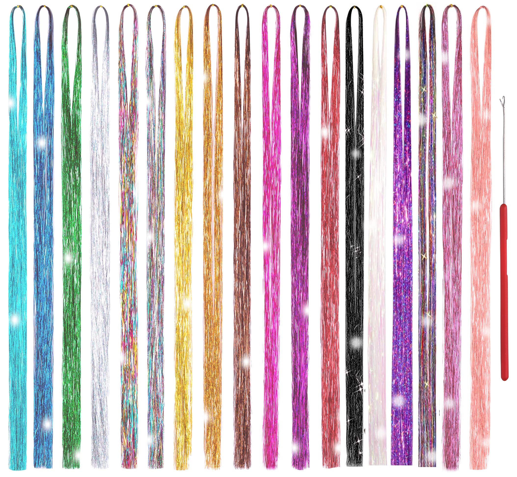 Hair Tinsel Kit 18 Colors, 3600 Strands 48 Inches Fairy Hair, Sparkling Hair Tensile for Christmas New Year Halloween Cosplay Pa