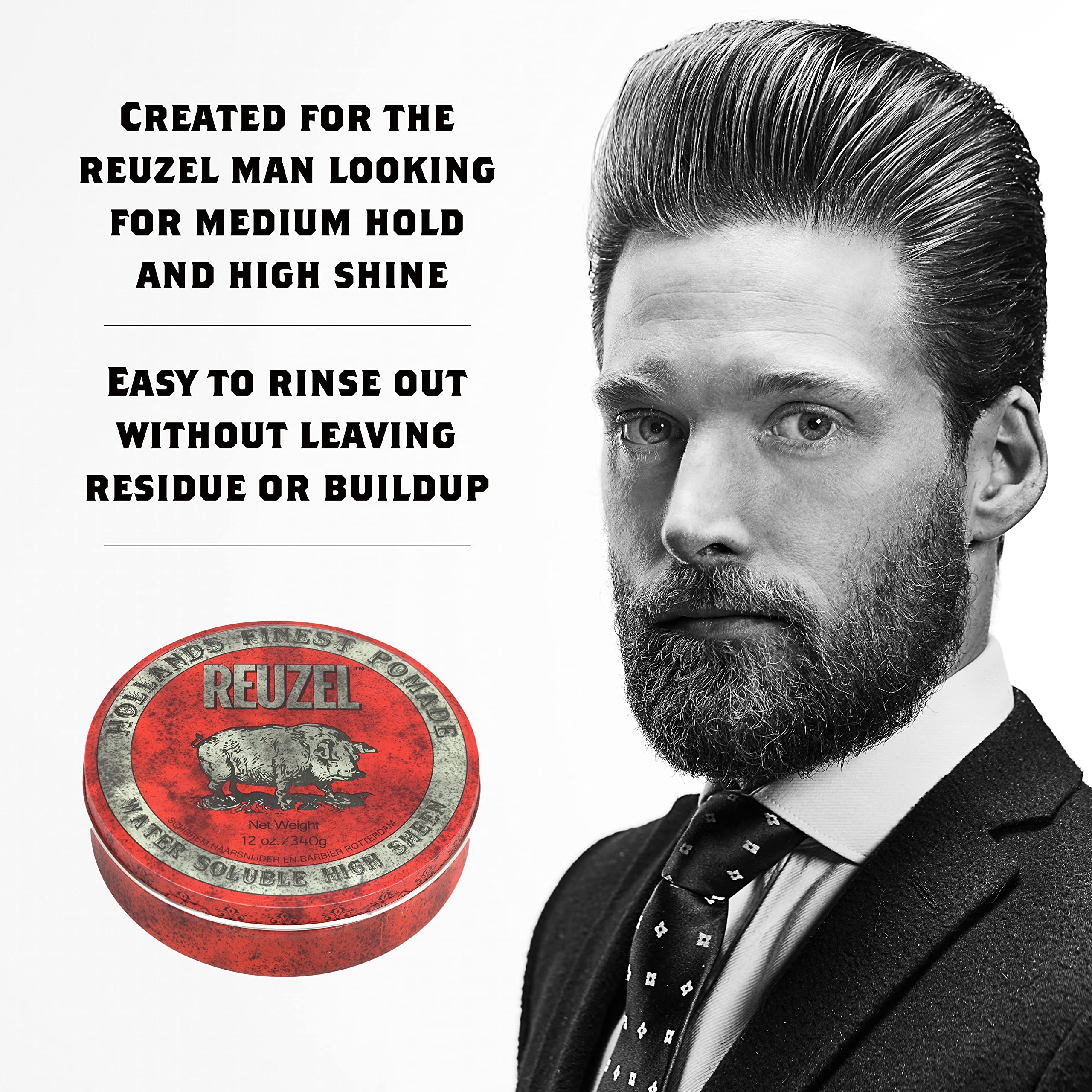 Reuzel Red Water Soluble High Sheen Pomade - No Dry Formula - Keeps High Shine And Strong Hold All Day Without Flaking - Easy Ri