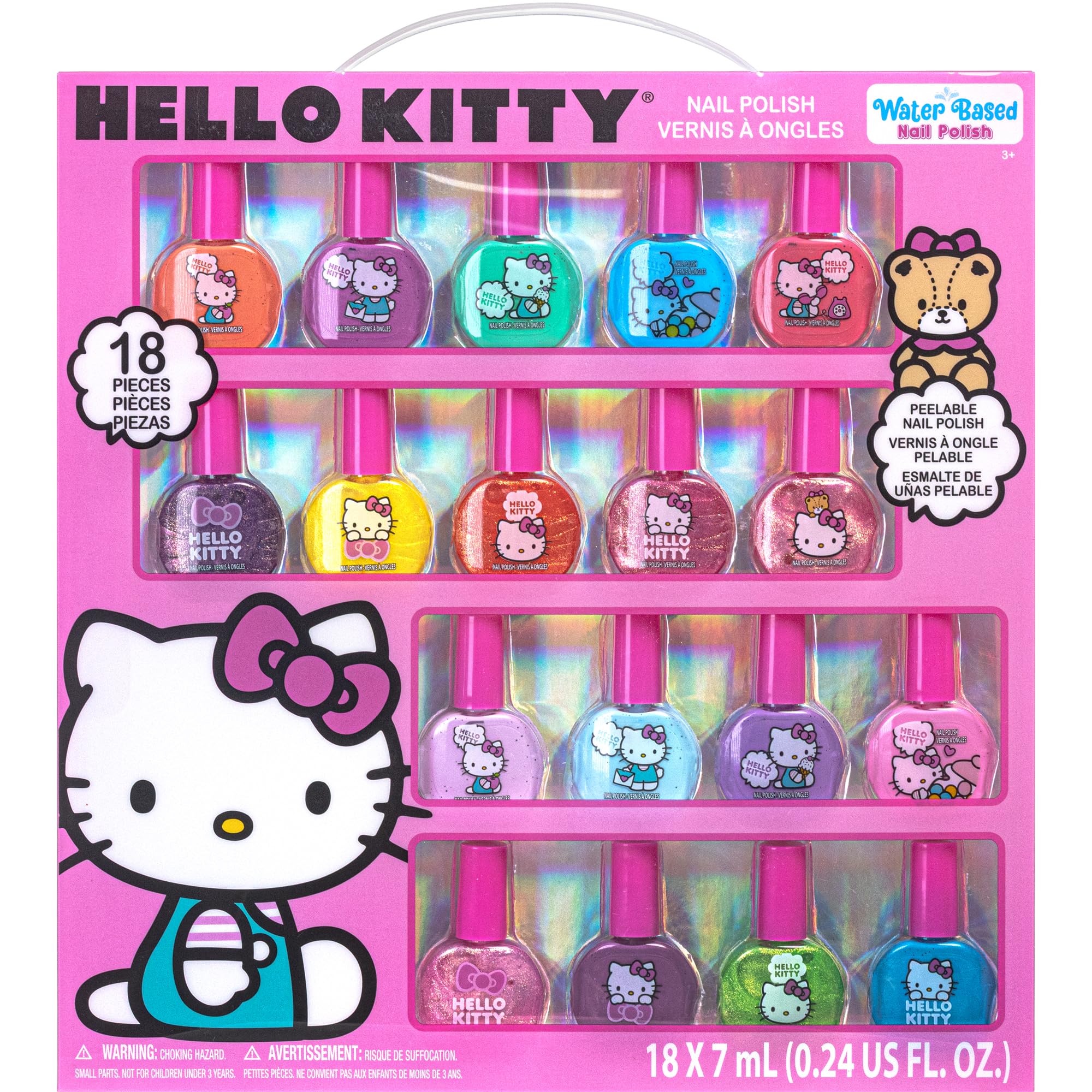 Hello Kitty Non-Toxic Water-Based Peel-Off Nail Polish Set with Glittery, Shimmery & Opaque Colors for Girl Kids Ages 3+, Perfec
