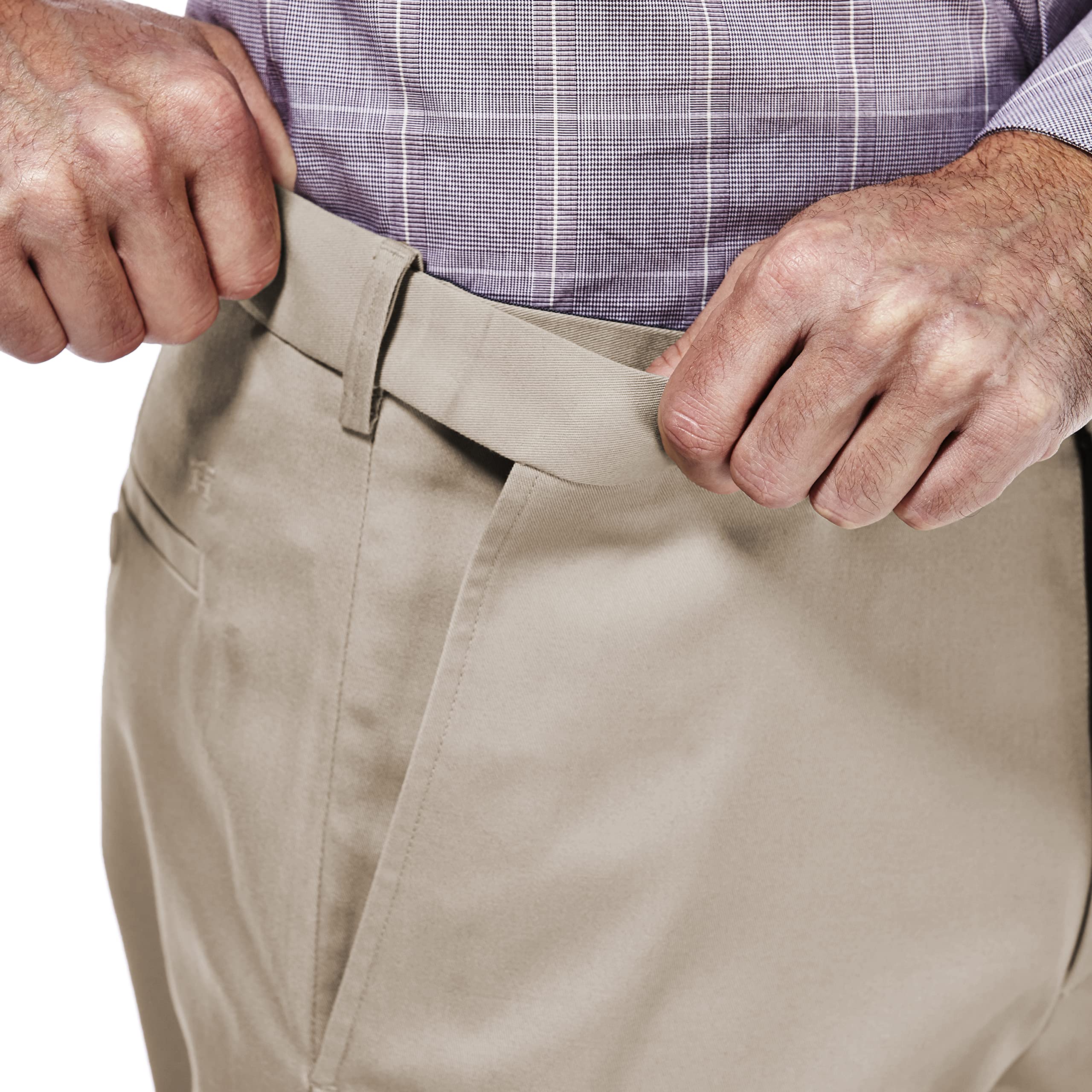 Haggar Mens classic Fit Flat-Front Hidden Expandable Waistband Premium No Iron Khaki, 36W x 32L - Sand