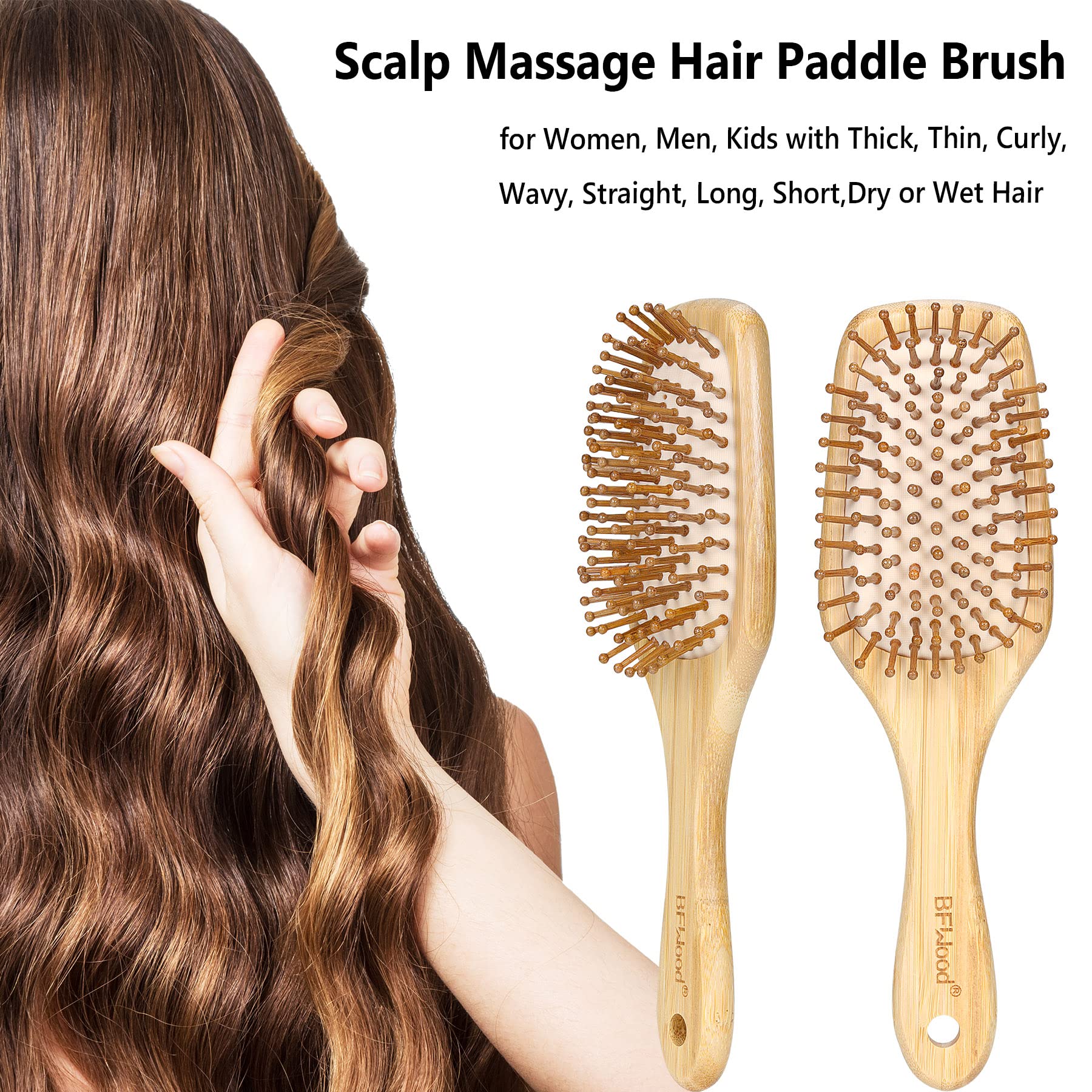 Bamboo Hair Brush With Paddle - Rounded Wood Bristles For Detangling And Gently Massaging Scalp By Bfwood, Reduces Frizz And Sta