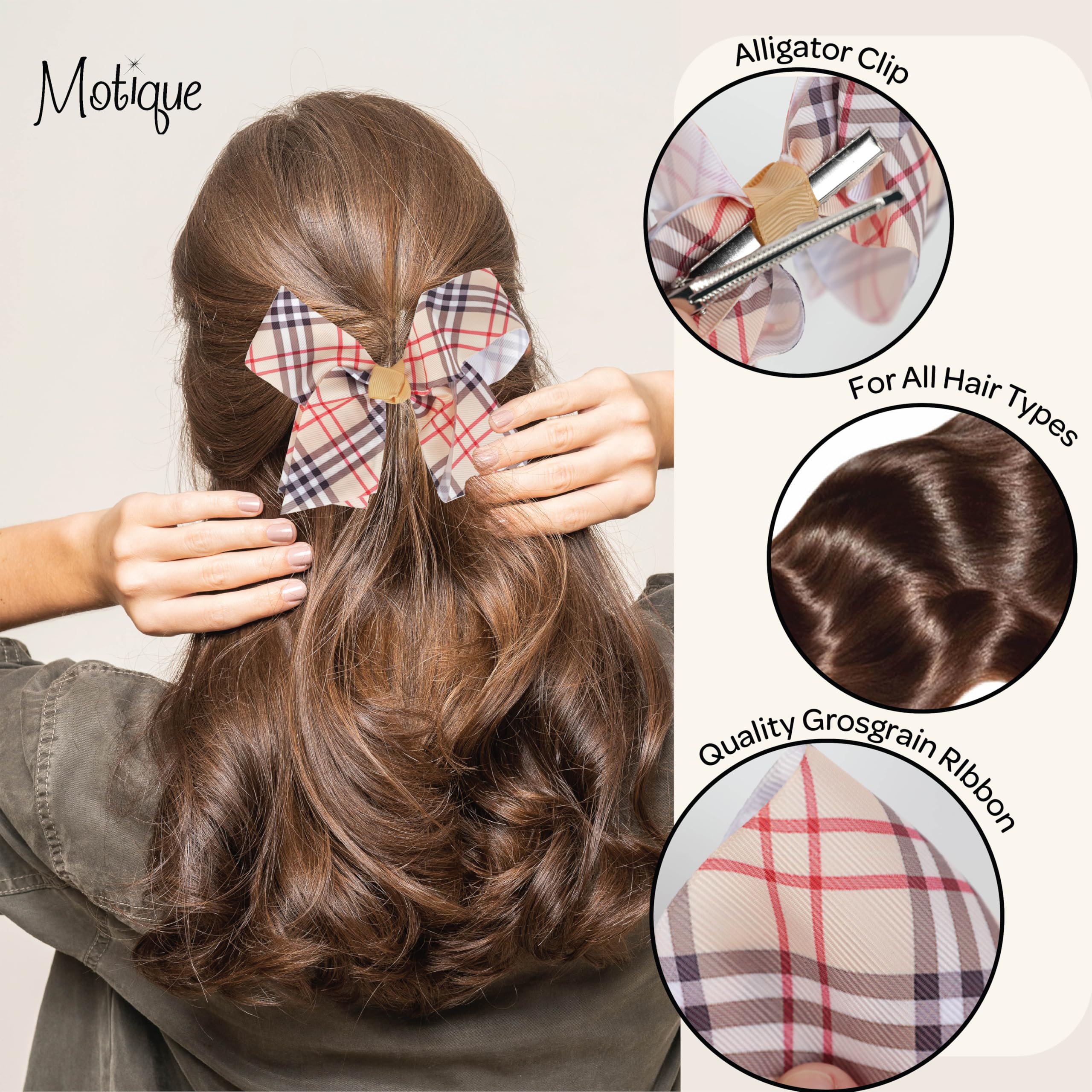 5.5 Inch Plaid Bow Hair Clip (Tan)