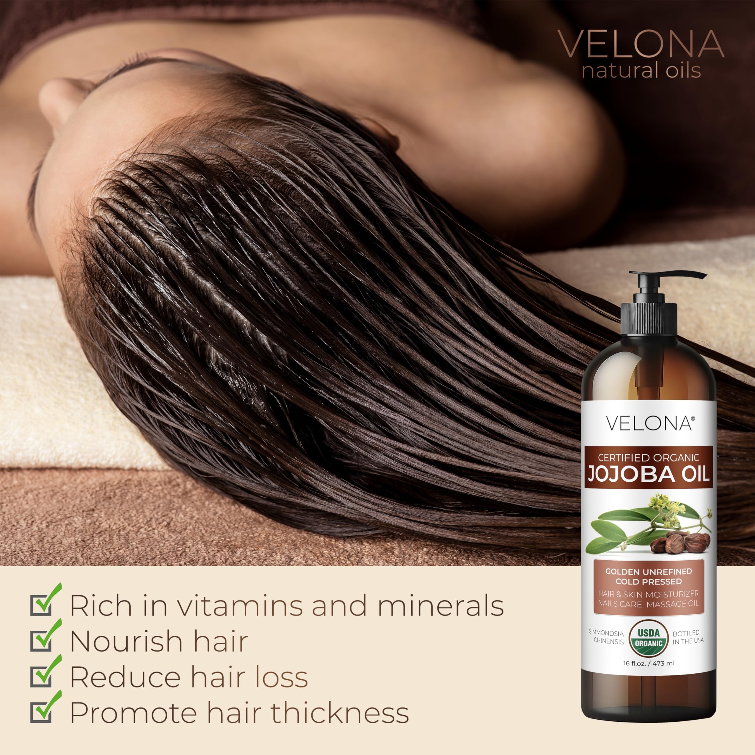 Velona Organic Jojoba Oil 8 Oz - 100% Pure, Unrefined Cold Pressed For Face, Hair, Body, Acne Prone Skin Care, Stretch Marks & C