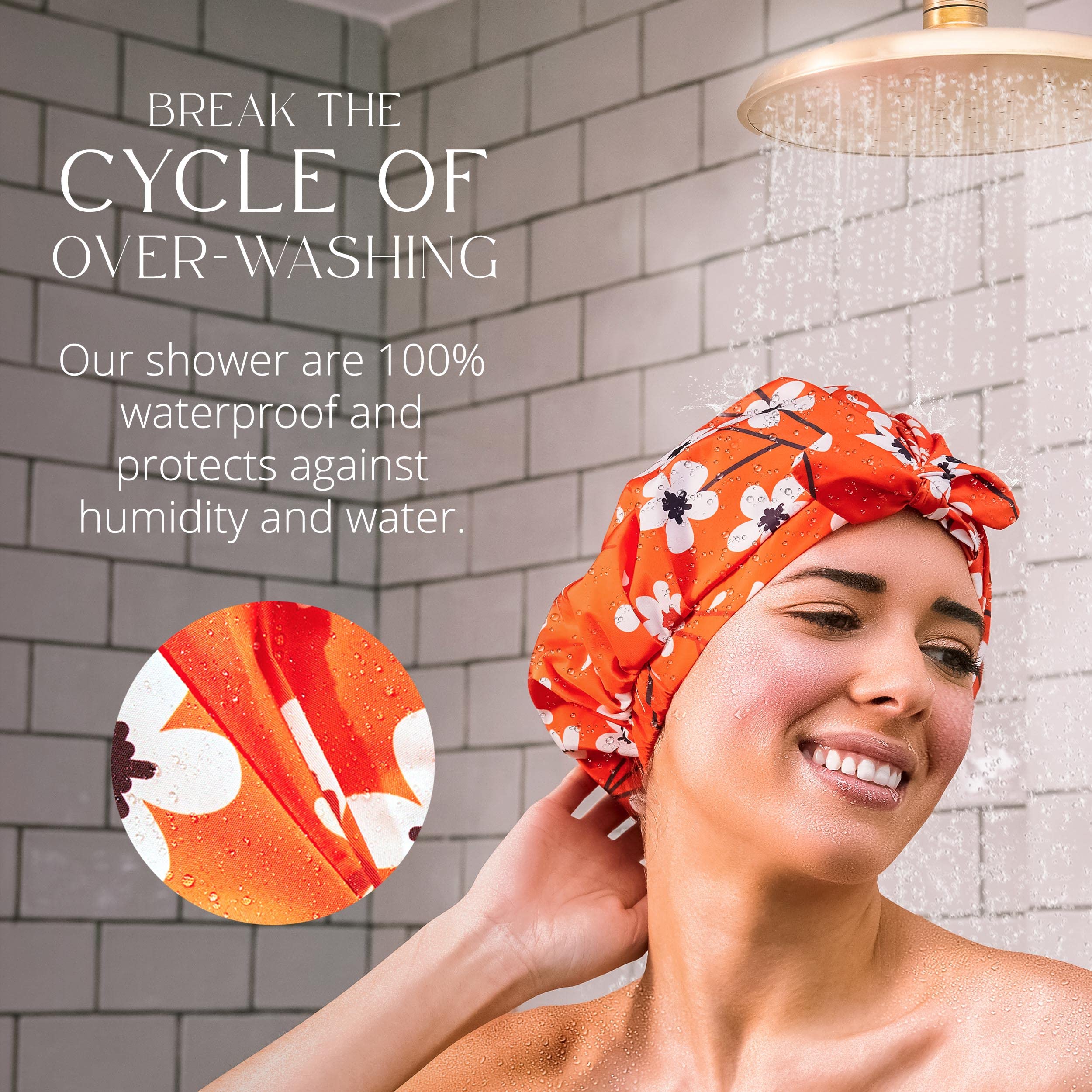 Grace & Company Luxury Shower Cap For Women - 100% Waterproof, Reusable, Washable & Breathable Shower Caps-Clementine