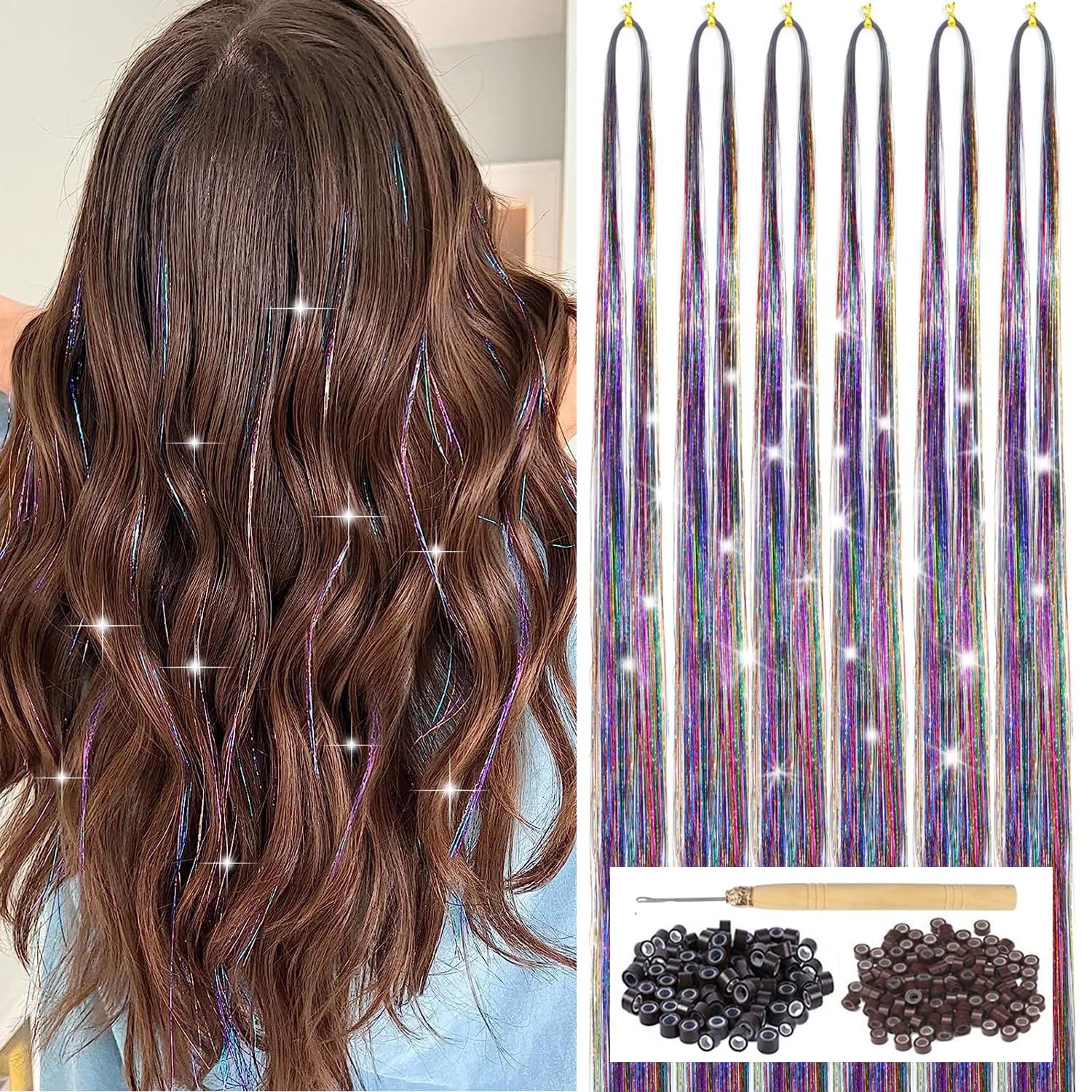 Hair Tinsel Kit with Tool 6pcs 1200 Strands Colorful Tinsel Hair Extensions Heat Resistant Sparkling Shiny Glitter Fairy Hair Ac