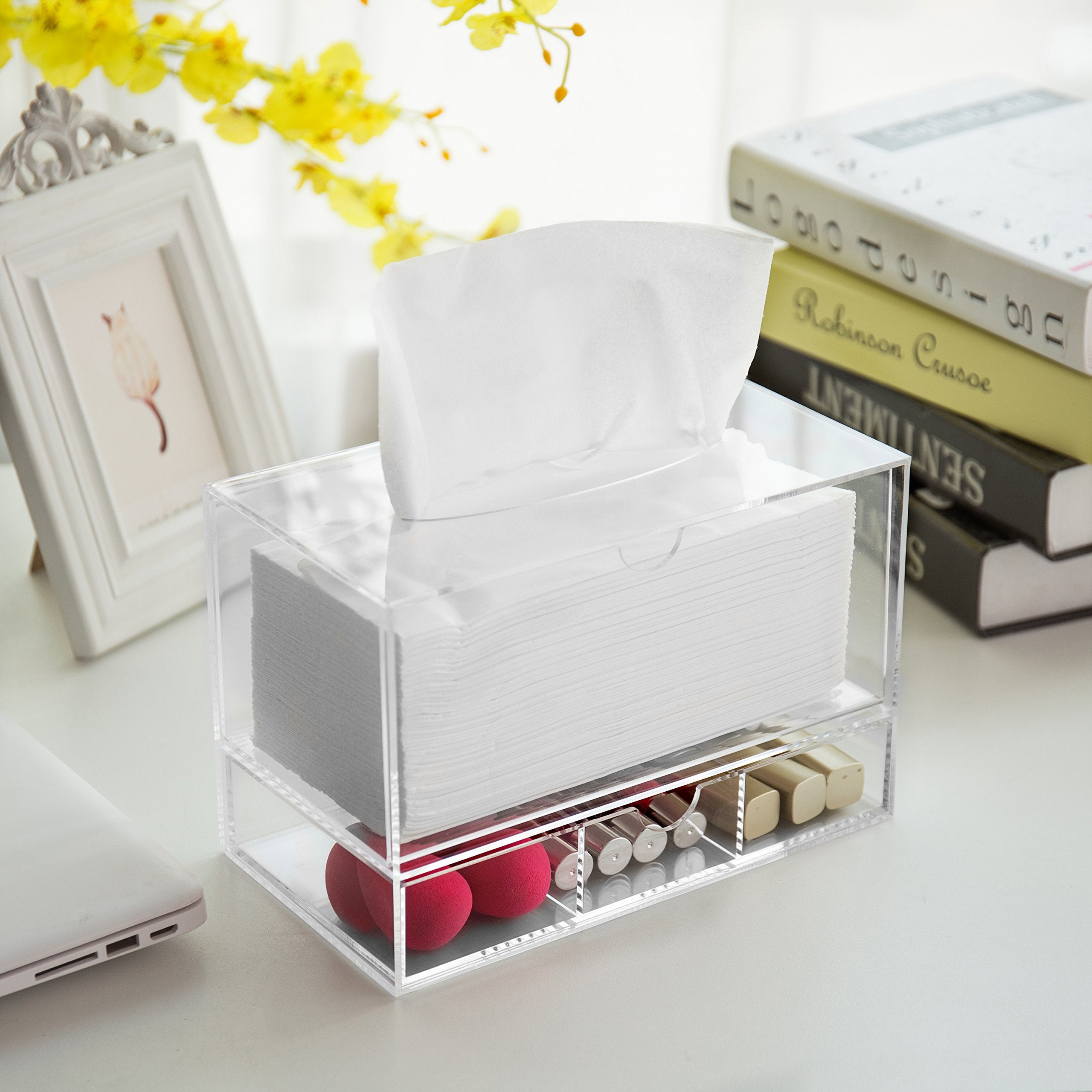 Modern Clear Acrylic Facial Tissue Dispenser Holder With Pull-Our Drawer For Makeup Cosmetics And Accessories, Vanity Countertop