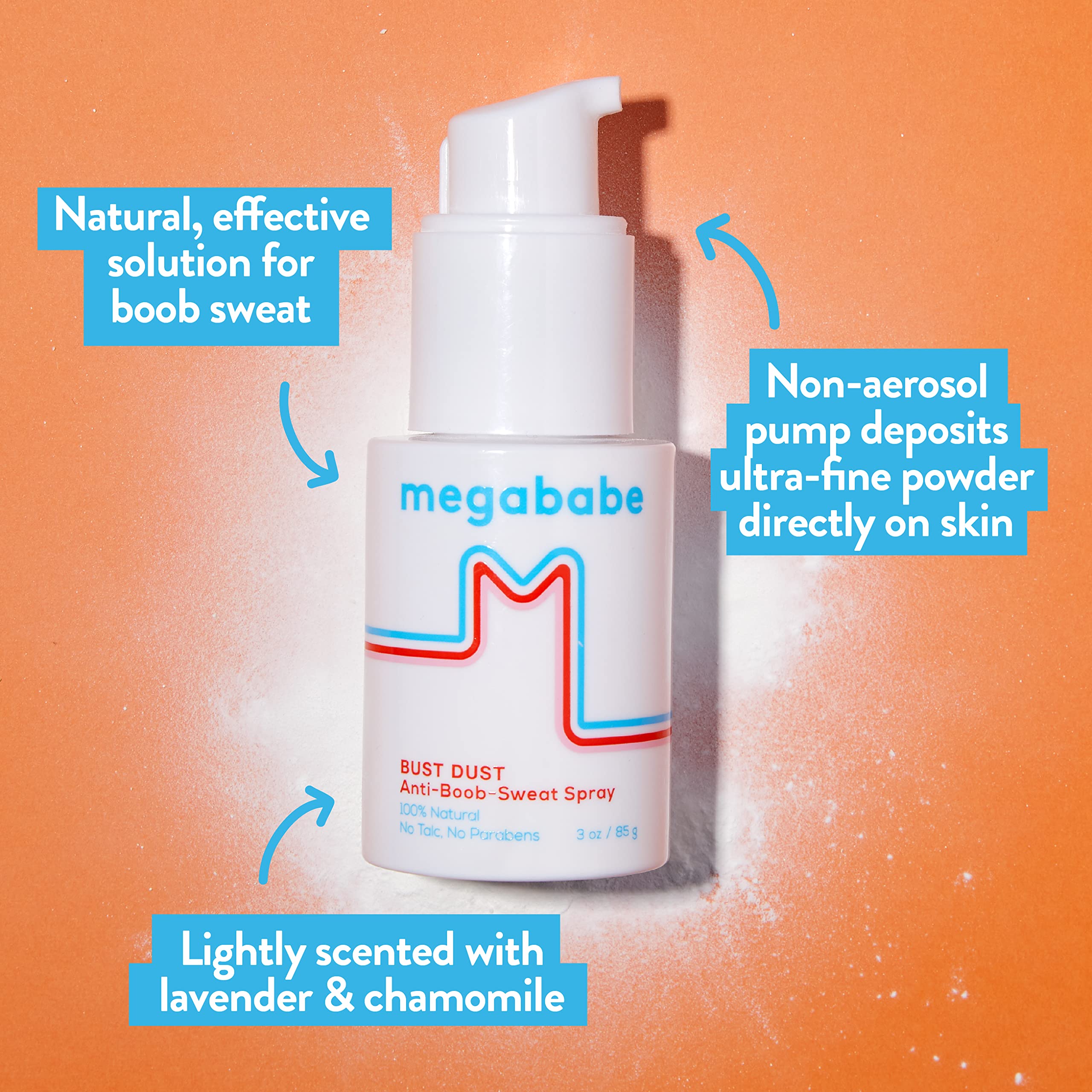 Megababe Sweat Absorbing Body Powder - Bust Dust  With Applicator Pump  Talc-Free, All Natural  3 Oz