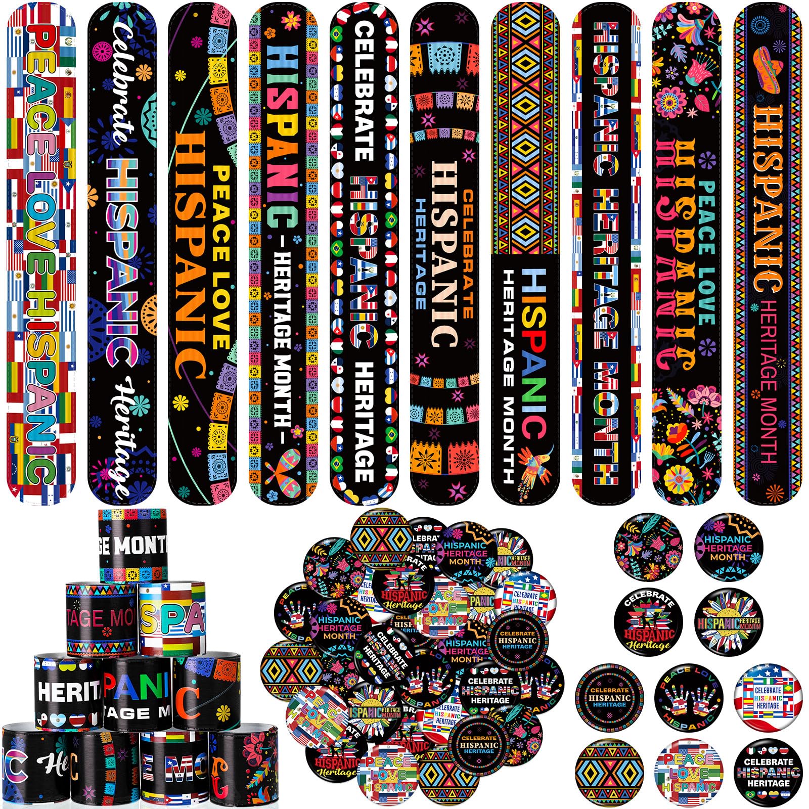 Frienda 60 Pcs Hispanic Heritage Month Party Favors Spanish Latin American Slap Bracelets and Badge Pins for National Hispanic H