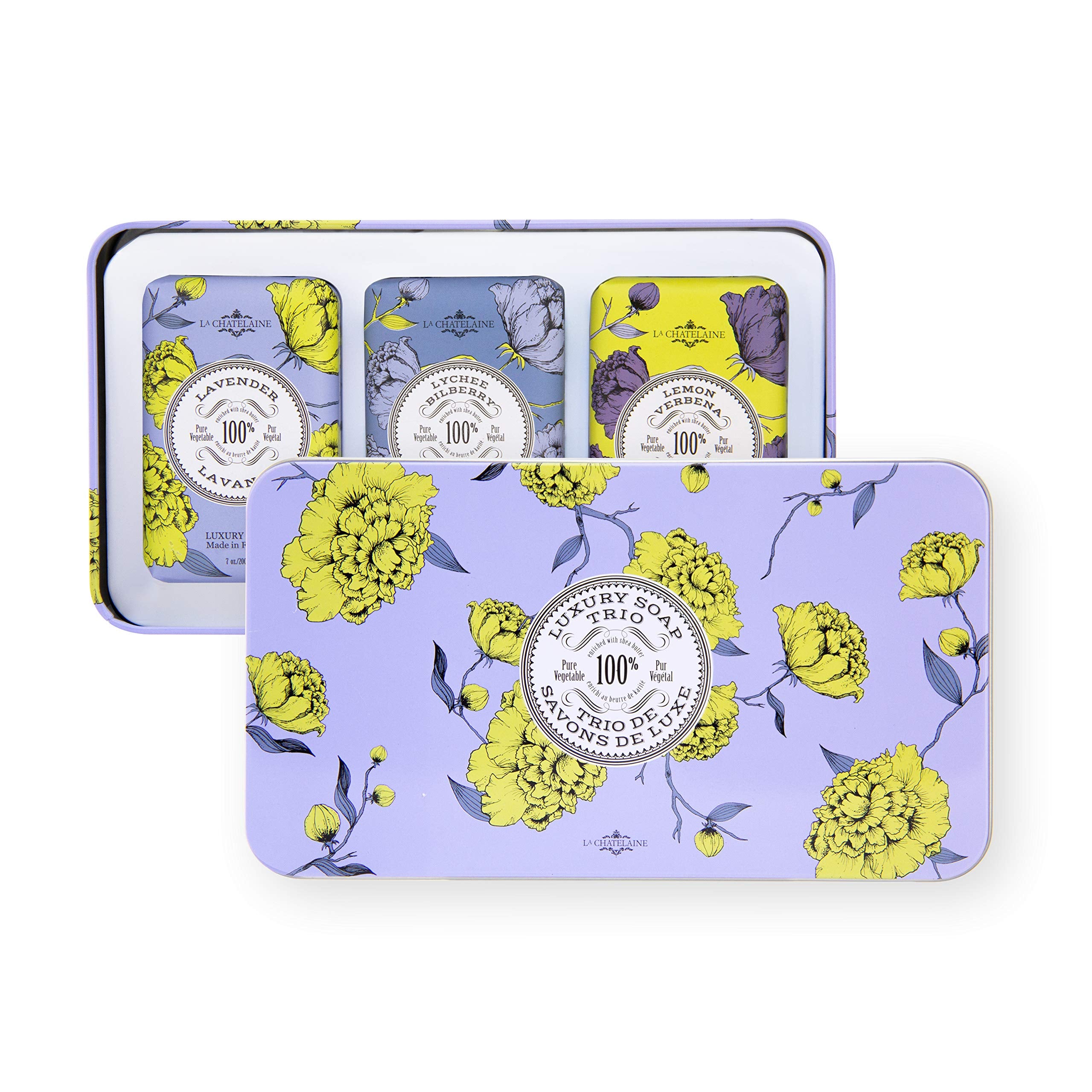 La Chatelaine Luxury Bar Soap Trio Gift Set Tin | Made in France | Natural and Organic | Shea Butter Formula | 3 x 7 oz / 200g -