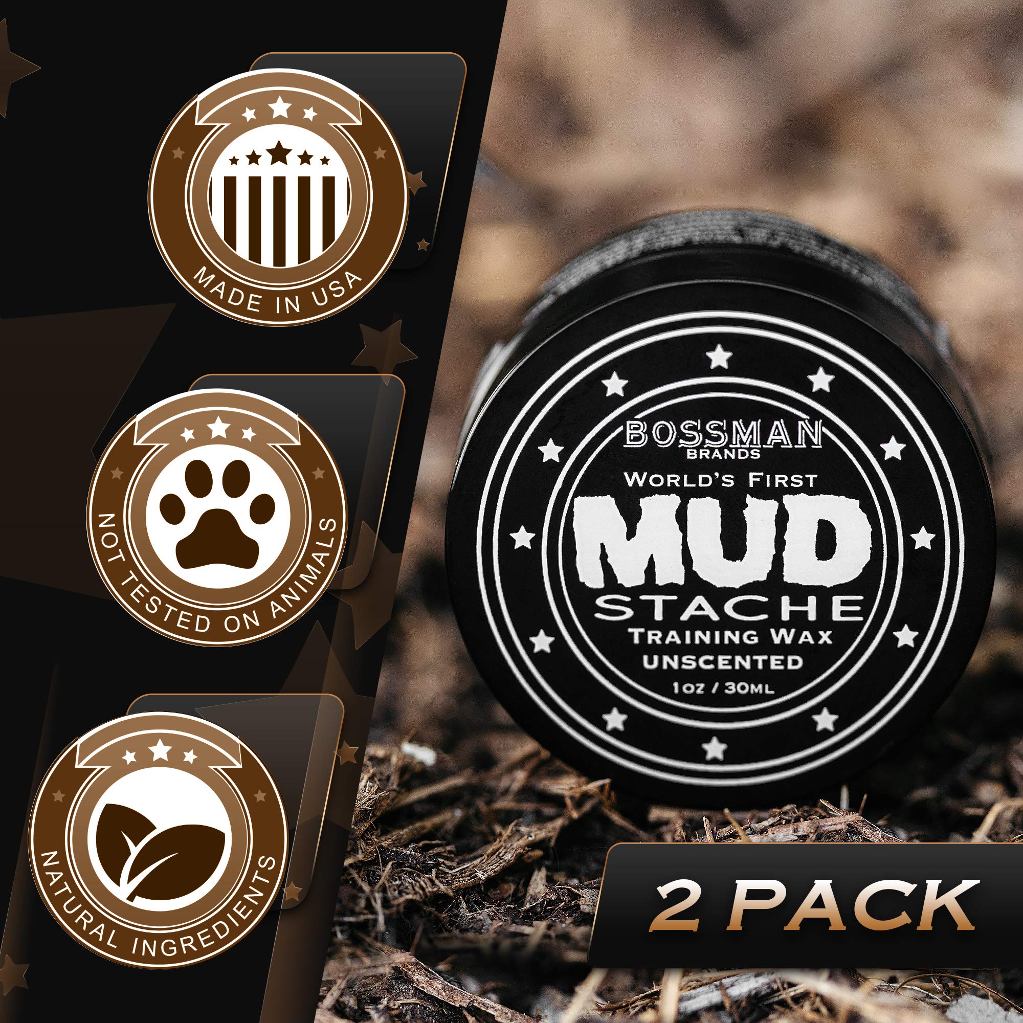 Bossman MUDstache Unscented Mustache Wax - 2 Pack - No Pull - Spreads Easy for a Strong Non-Tacky 24 hr Hold - Tame, Train and S