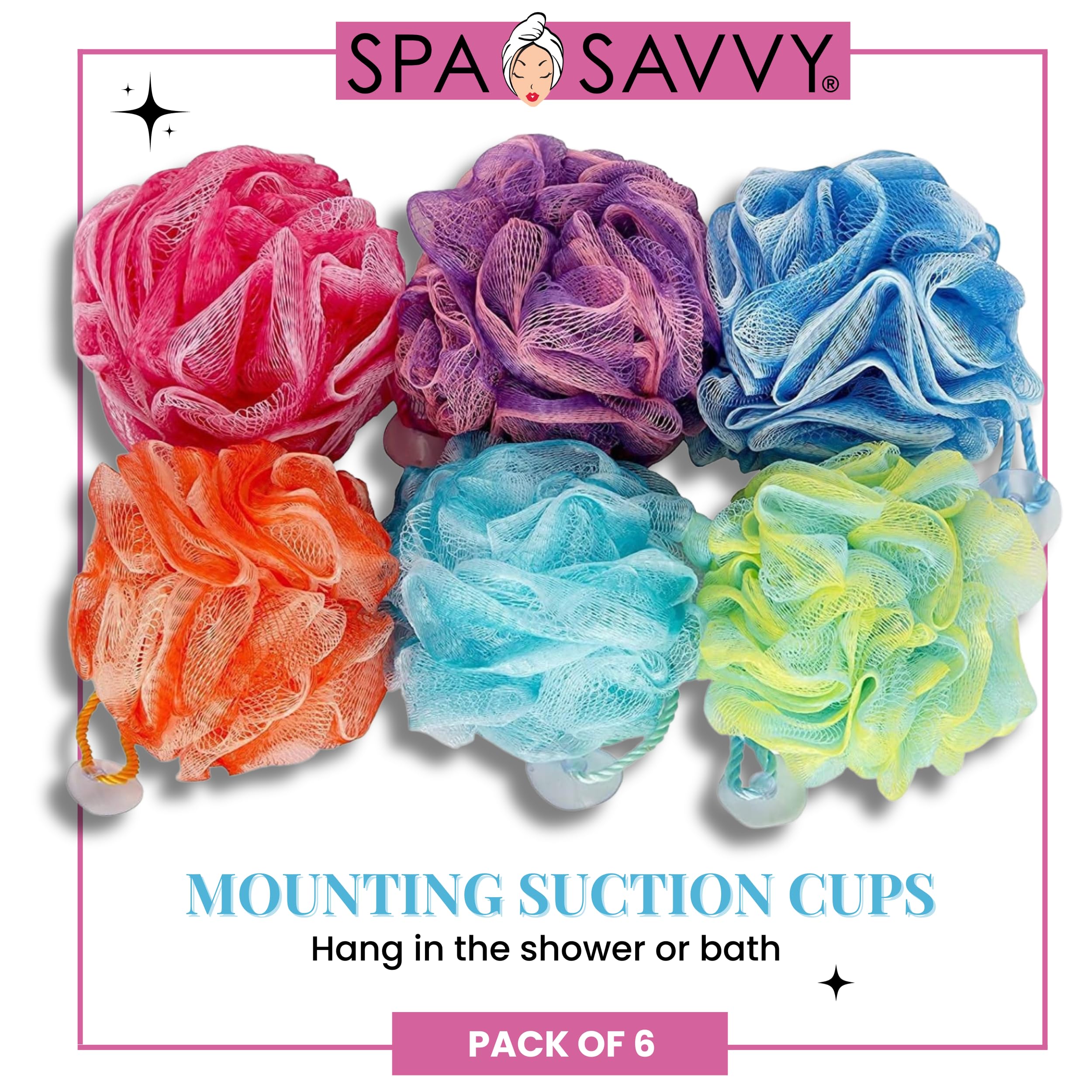 Spa Savvy Bath Loofah Set, Pack Of 6 Shower Body Sponges With Suction Cups For Men And Women, Exfoliating Pouf Bath Accessories,
