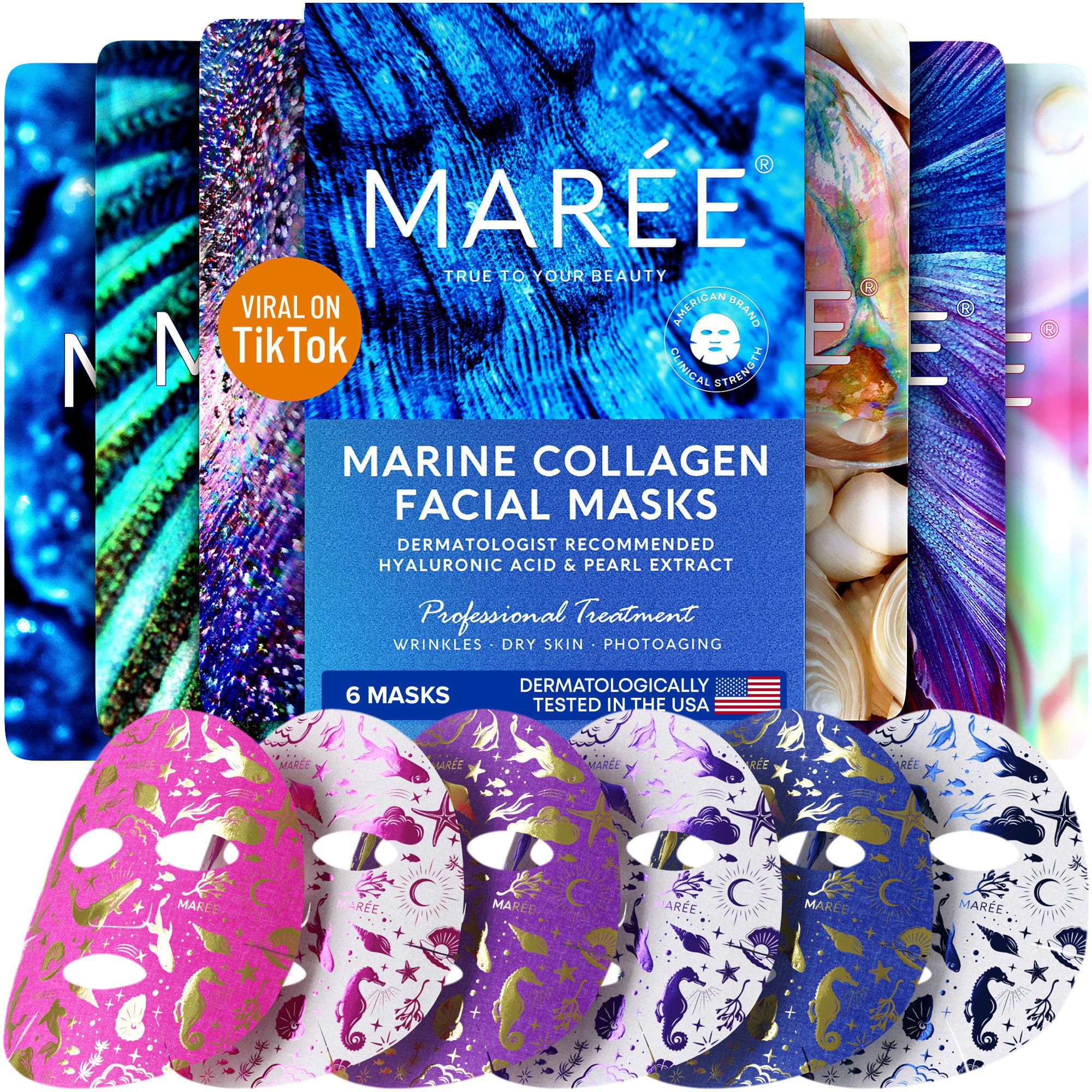 Maree Facial Masks For Skin Care & Beauty - Sheet Masks For Face With Natural Pearl Extract, Marine Collagen & Hyaluronic Acid -