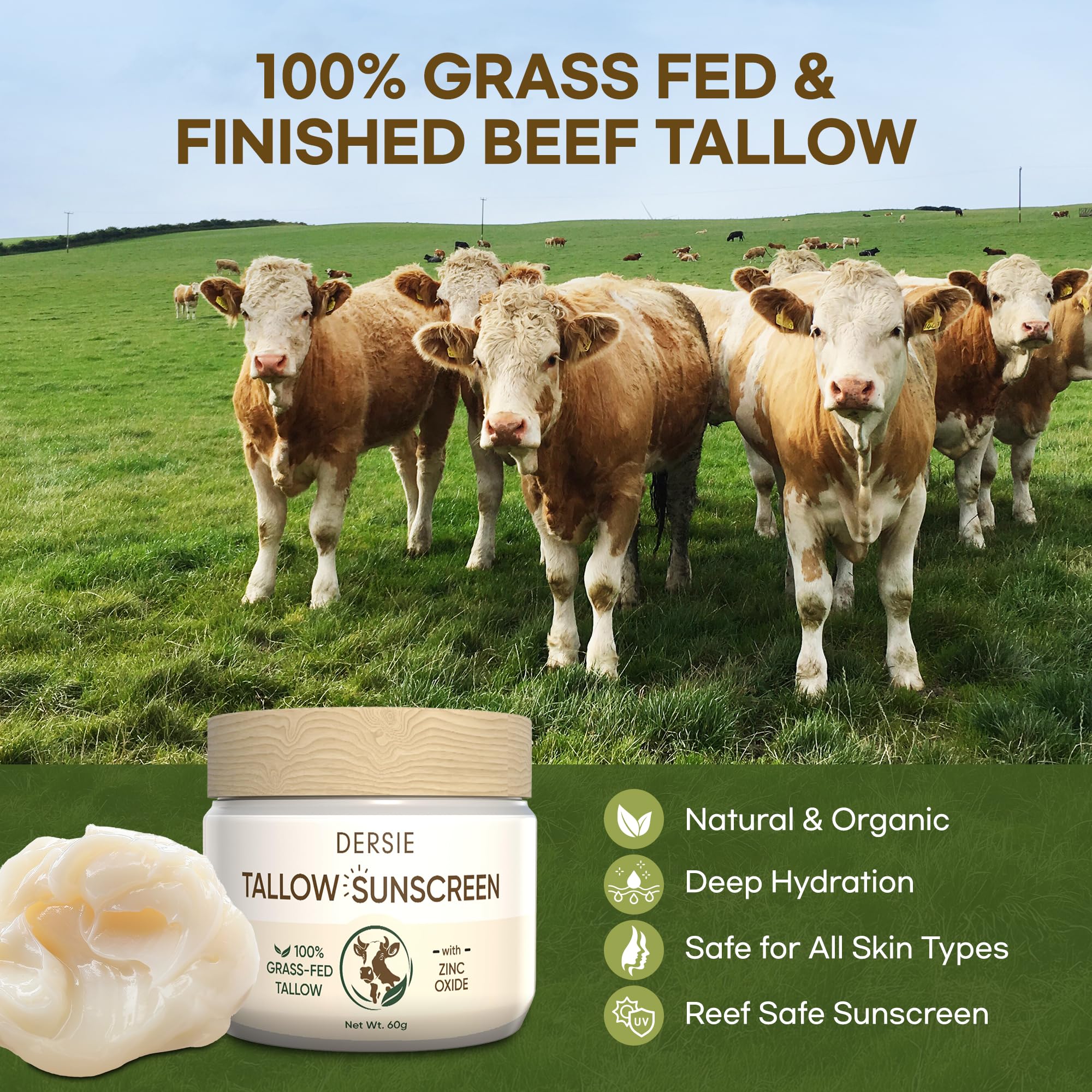 (Pack of 2) Beef Tallow Sunscreen with Zinc Oxide: Tallow & Zinc Oxide Instant Sun Protection - Non Greasy Formula with Beeswax,