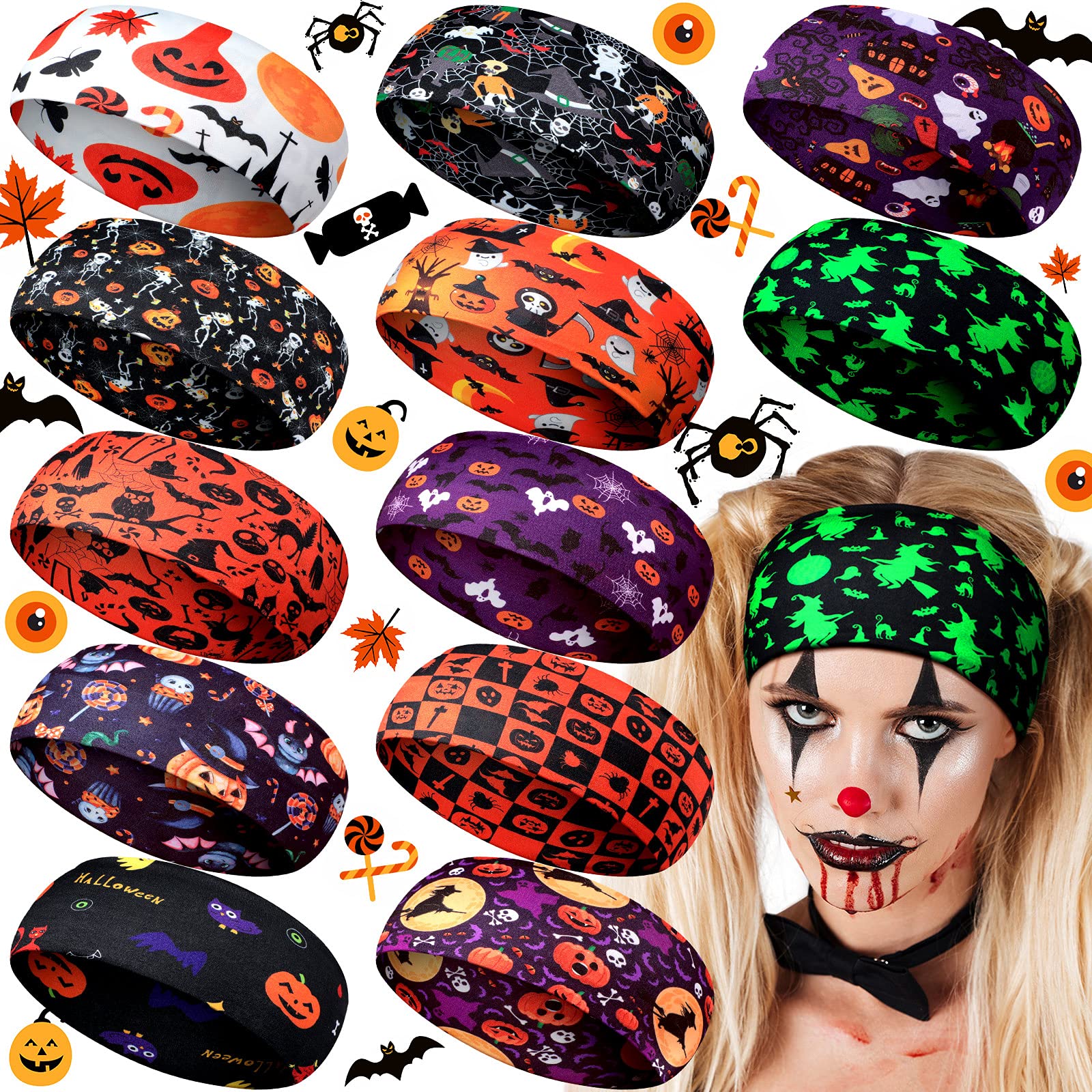 Waydress 12 Pcs Halloween Headbands for Women Halloween Hair Accessories Pumpkin Ghost Skeleton Stretchy Breathable Non Slip Hai