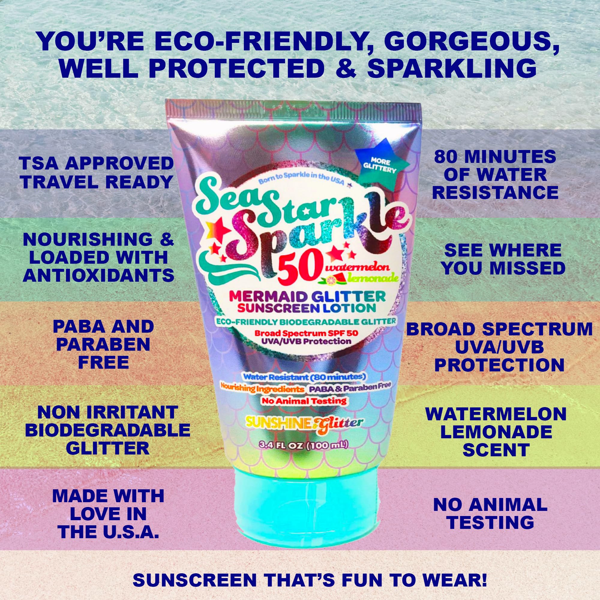 Sunshine & Glitter | Sea Star Sparkle | Biodegradable Glitter Sunscreen Spf 50 | Mermaid Watermelon Lemonade | Water Resistant |