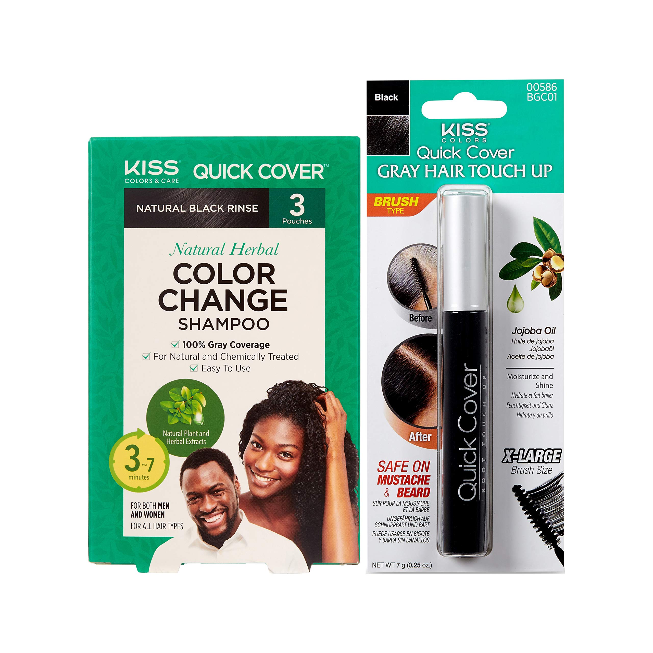 Kiss Quick Cover Natural Herbal Color Change Shampoo 3 Pouches (2 PACK, Shampoo&Mascara (Natural Black))