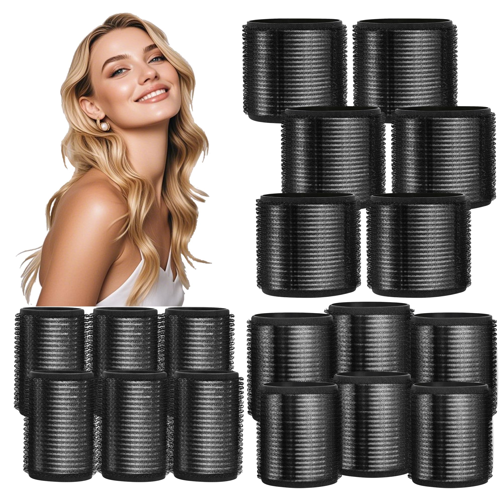 HYOUJIN 18pc Self-Grip Ceramic Ionic Thermal Rollers Set for Salon-Quality Blowout Look, Perfect for Sleeping (Black, 60mm, 48mm