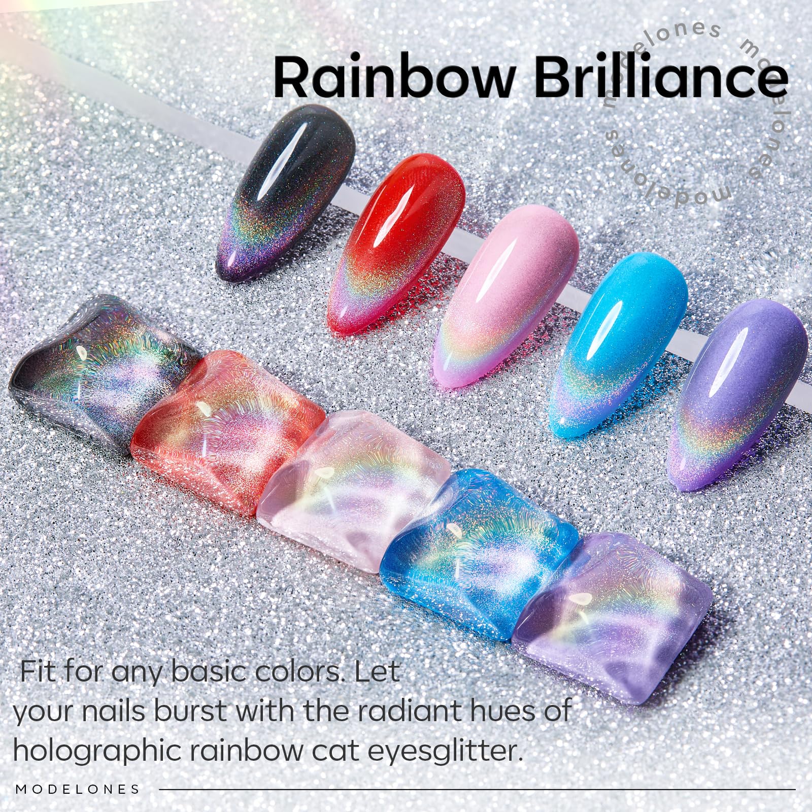 Modelones Cat Eye Gel Nail Polish, 15 Ml Rainbow Glitter Holographic Cat Eye Gel Polish With Magnet Stick Soak Off U V Nail Lamp