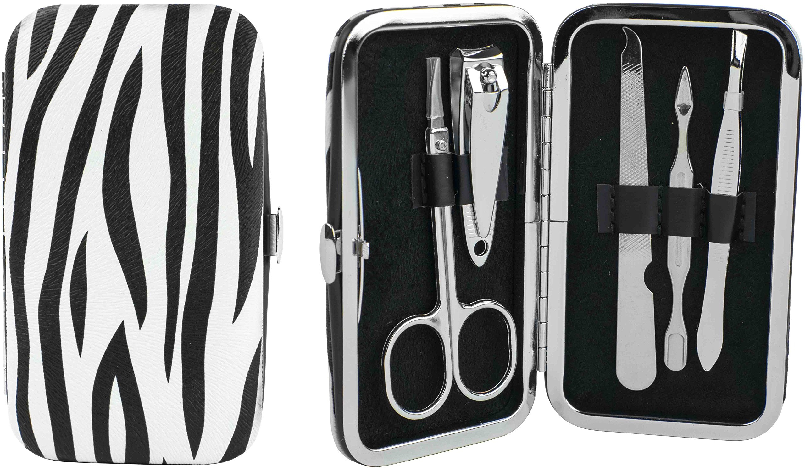 5Piece Manicure Grooming Kit Set in Zebra Print Travel Case (Clipper, Scissor, DoubleSided Push Stick, Nail File, Tweezers)