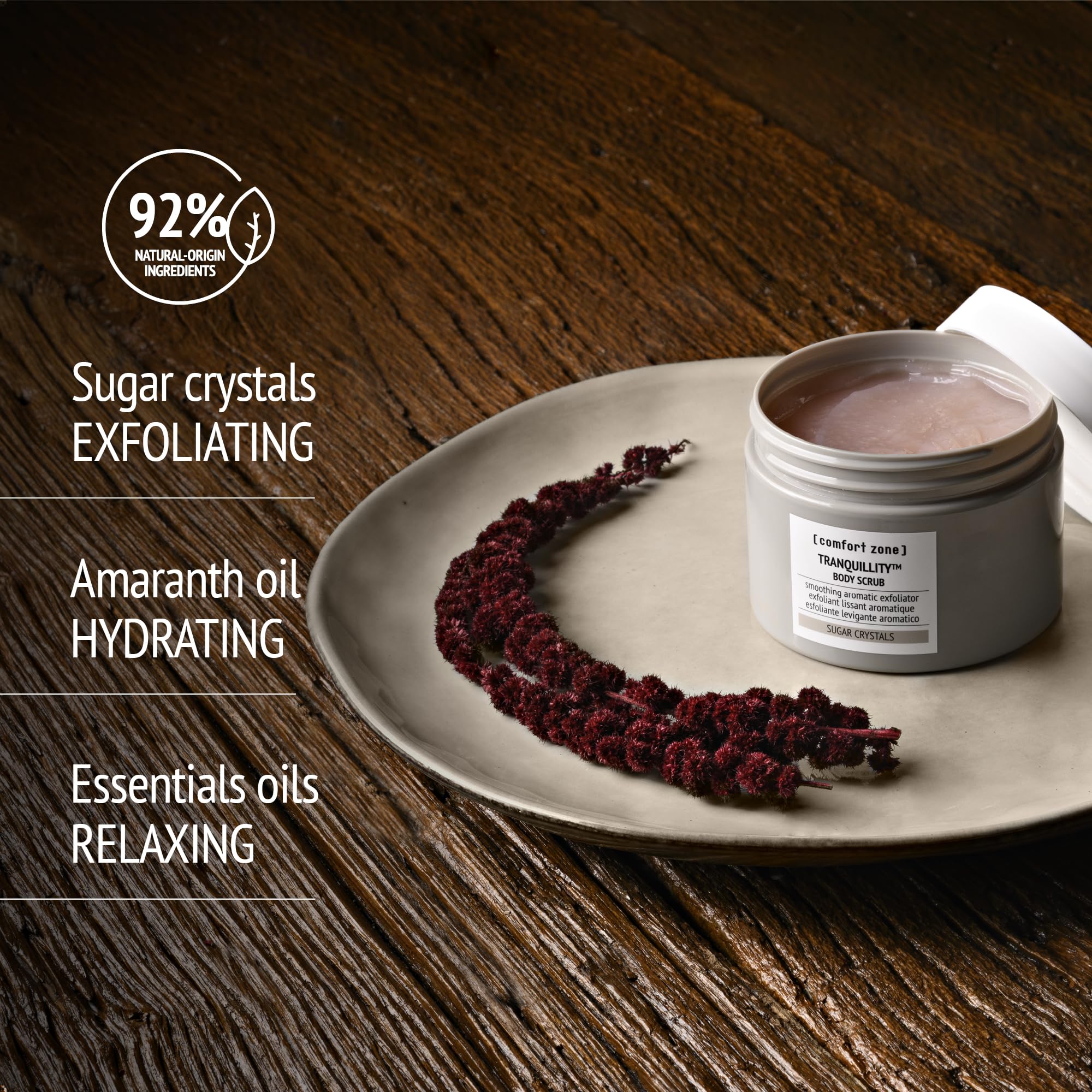 [ comfort zone ] Tranquillity Body Scrub, Soothing Aromatic Gentle Exfoliator Enriched with Sugar Crystals and Amaranth & Almond